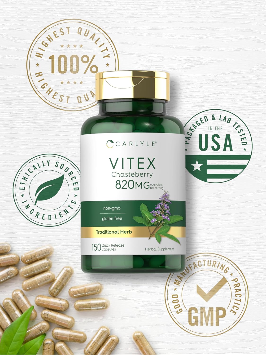 Carlyle Vitex Chasteberry Supplement | 150 Capsules | Vitex Agnus-Castus Fruit for Women | Non-GMO, Gluten Free - Image 6
