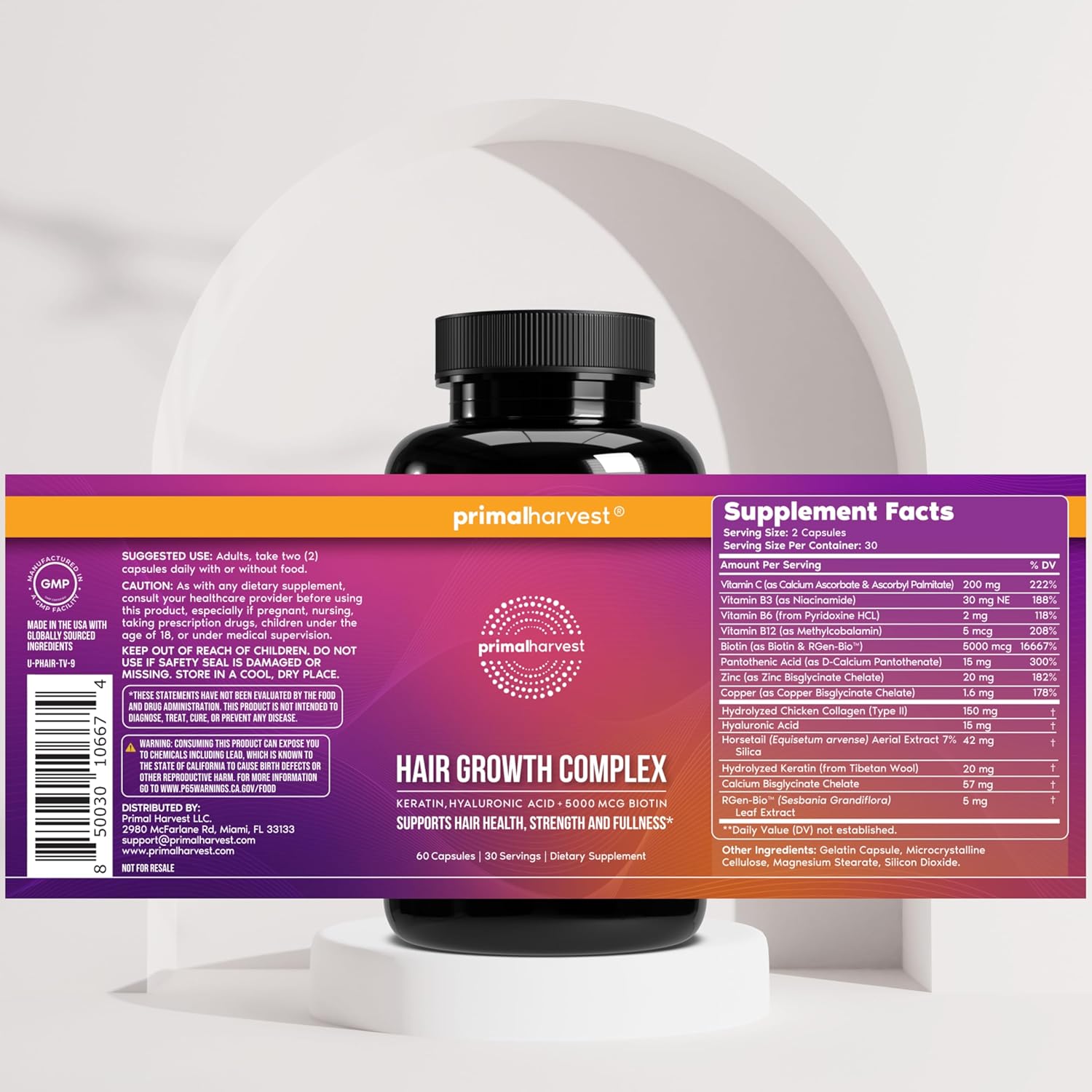 Primal Harvest Hair Growth Vitamins, Hair Growth for Women & Men - 60 Hair Growth Pills, Natural Hair Thickening Products for w/Biotin & Zinc - Hair Supplement, Regrowth Hair Vitamins - Image 5