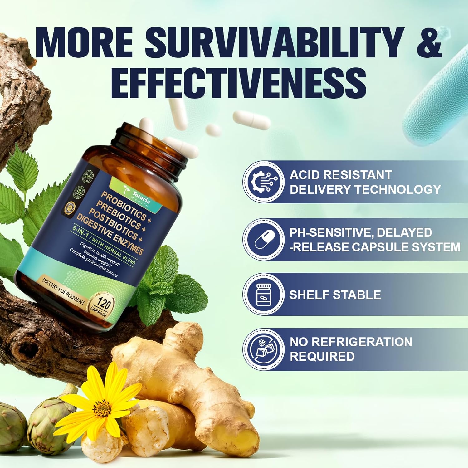 Totaria 5-in-1 60 Billion CFU Probiotic Prebiotic & Postbiotic for Women & Men, w/Digestive Enzymes, Slippery Elm, Daily Complete Gut Health, Digestive & Immune Support, 4 Month Supply, Vegan - Image 7