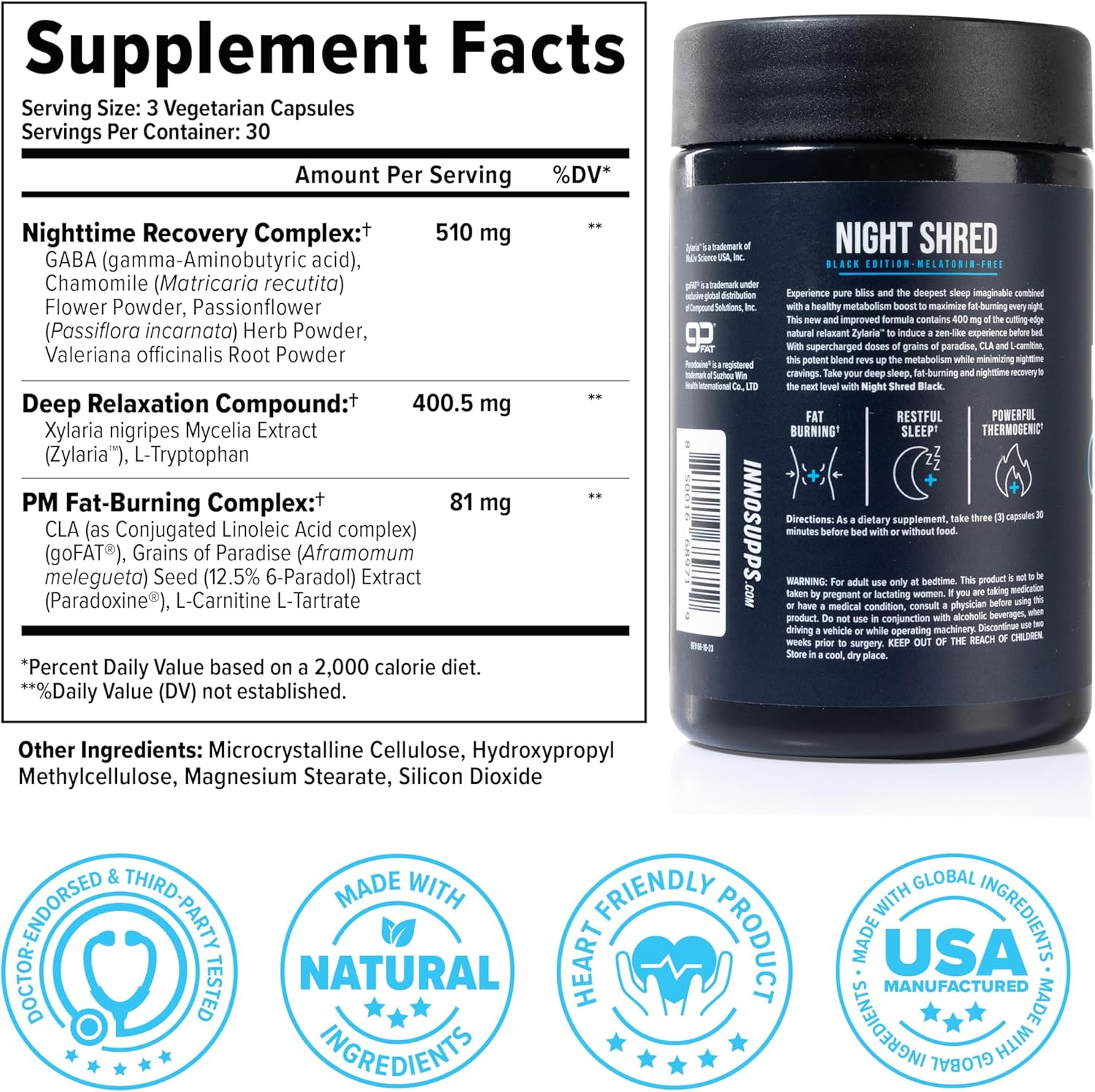 Night Shred Black Melatonin-Free - Night Time Fat Burner, Weight Loss, and Natural Sleep Support - GABA Complex with Ashwagandha, CLA, Grains of Paradise - Thermogenic Fat Burner - 90 Vegan Capsules - Image 7