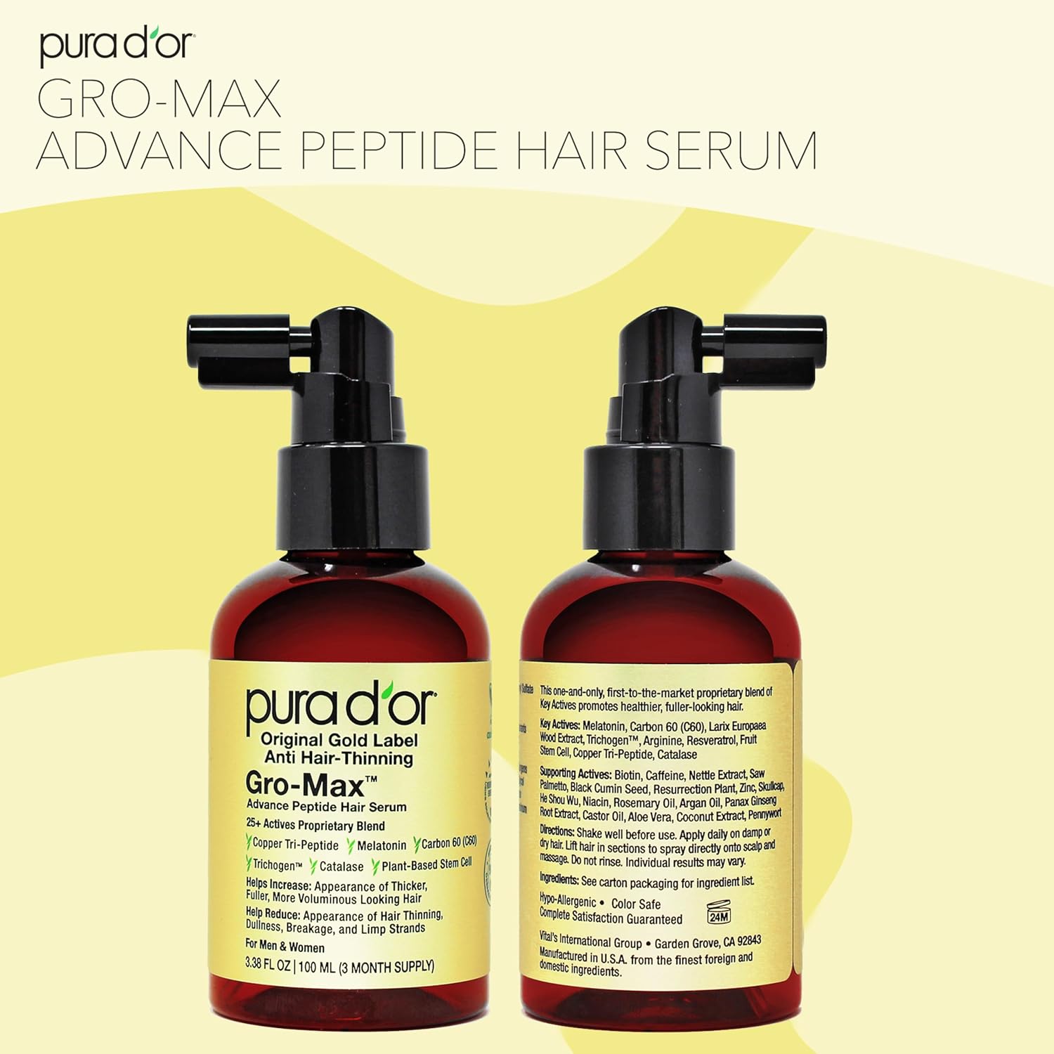 PURA D'OR 3.38 Oz Gro-Max Advanced Peptide Hair Serum (NEW FORMULA) Plant Stem Cell, Catalase, Copper Tri-Peptide, C60, Biotin, Melatonin, Trichogen, Caffeine, Rosemary - Stronger, Thicker Hair - Image 6