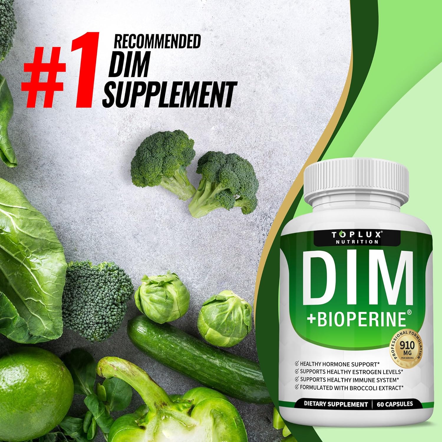 Dim Supplement 910 mg Plus BioPerine Complex - Diindolylmethane for Men Women, 60 Capsules - Image 3