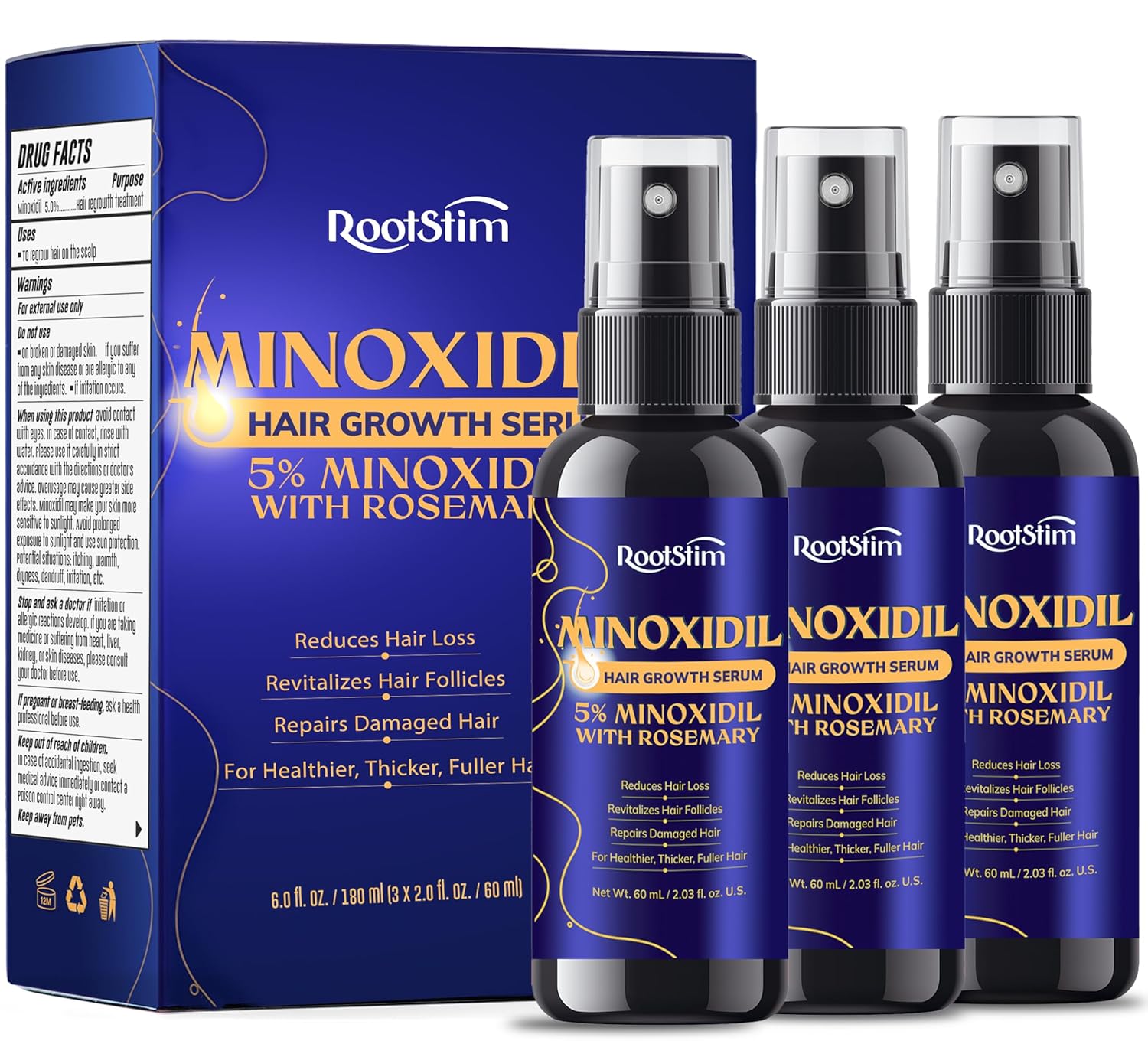5% Minoxidil Hair Growth for Men and Women: 3-Pack RootStim Extra Strength Minoxidil Beard Regrowth Treatment with Rosemary for Thinning Hair Regrowth and Fuller Hair 180 ML