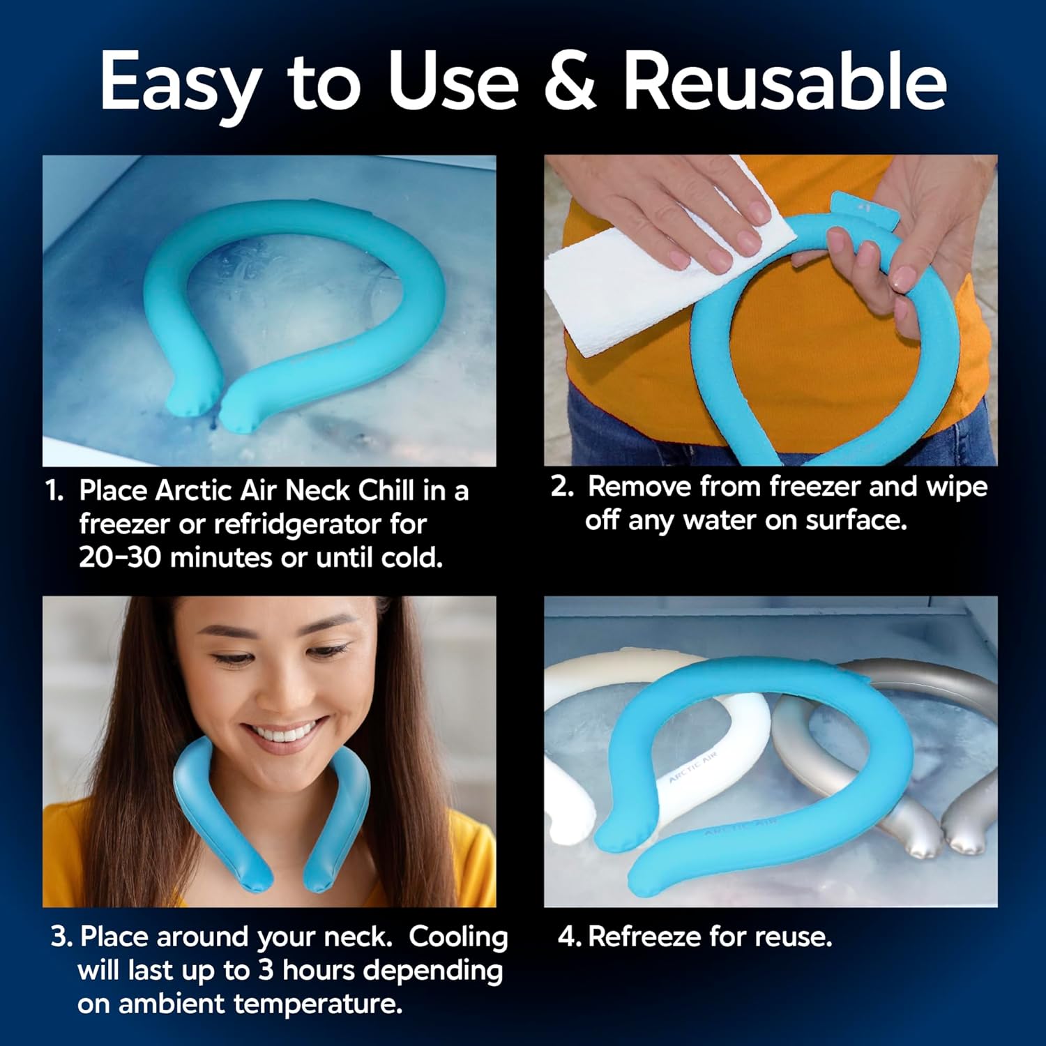 Arctic Air Neck Chill, Neck Cooling Tube, Hands Free Cooling, Quick Freeze Gel, Wearable Body Coolers for Hot Weather, Reusable, Adjustable Fit, 3 Pack - Image 4