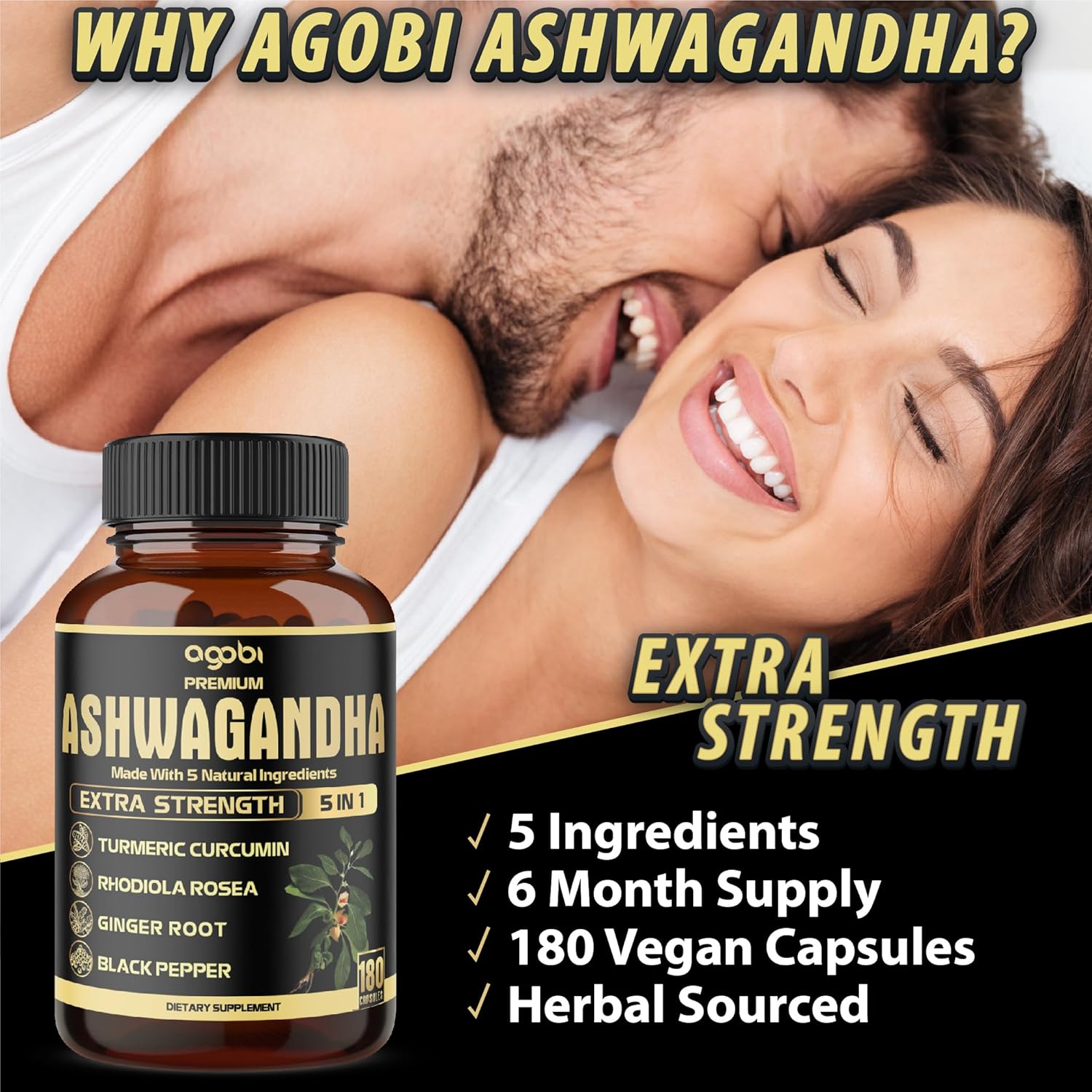 5in1 Premium Ashwagandha Capsules - Added Turmeric, Rhodiola Rosea, Ginger, Black Pepper - 180 Caps for 6 Months - Image 5