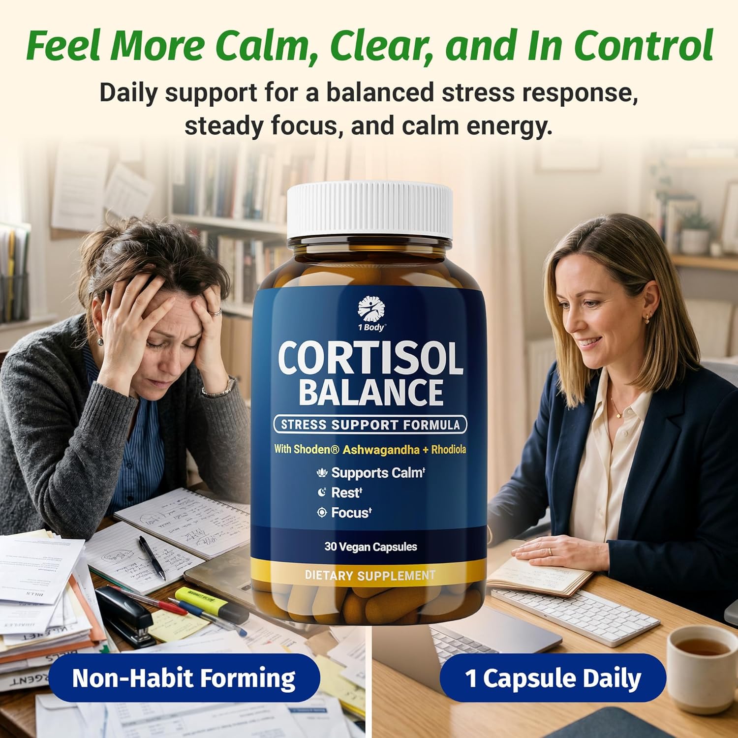 1 Body Cortisol Support for Women & Men – Ashwagandha, Phosphatidylserine & Saffron – Stress Relief, Calm Mood, Balanced Energy & Sleep Support – Vegan - Image 2