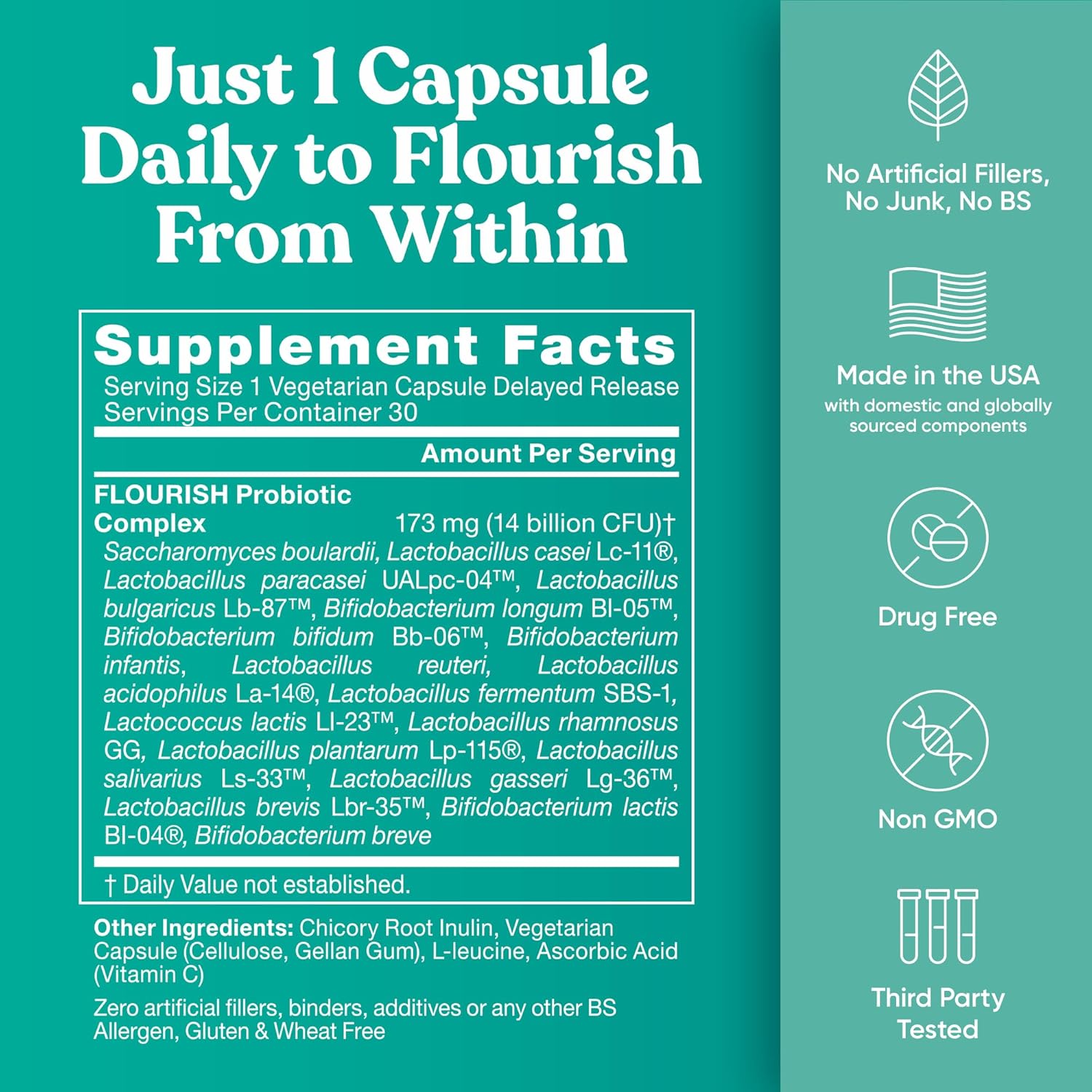 Flourish Probiotics + Prebiotics for Women - Gut and Digestion, Urinary Tract, Reduce Bloating, Vaginal Health - 18 Clinically Proven Strains, 14 Billion CFU - 30 Shelf-Stable Mini Vegan Capsules - Image 7