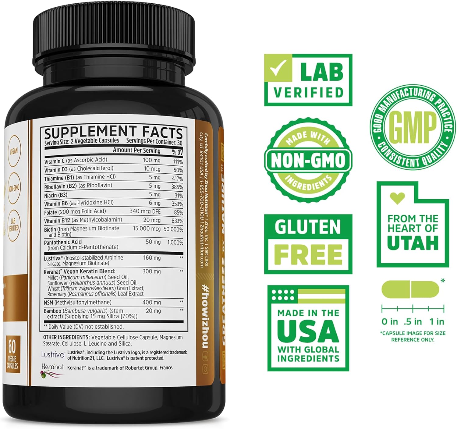 Zhou Hairfluence - Vegan Biotin Supplement for Hair Growth for Men & Women, Supports Stronger, Healthier Hair, Nails, & Glowing Skin with Lustriva & B Vitamin Complex - 60 Veggie Capsules (Pack of 1) - Image 2