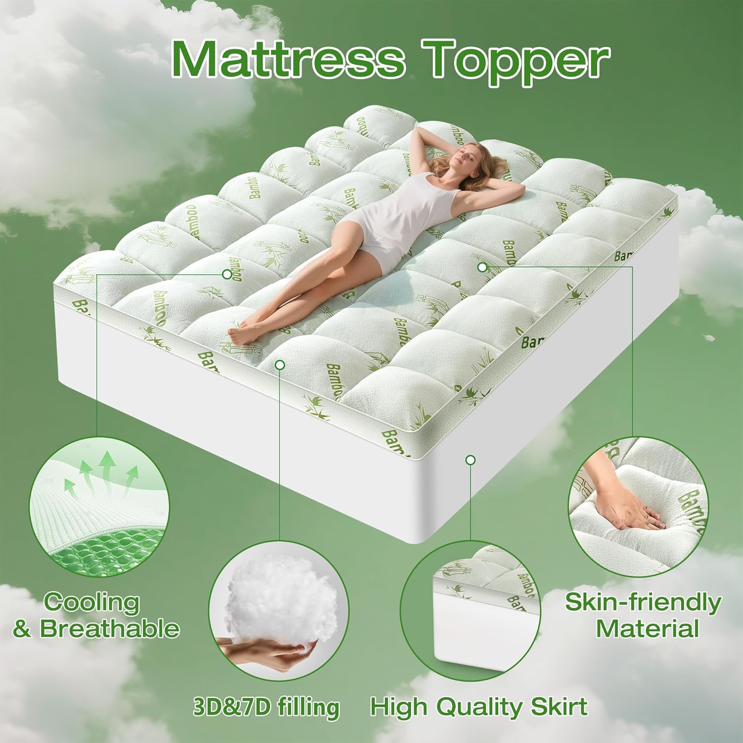 Mattress Topper Queen Size Viscose Derived from Bamboo, Thick Soft Pillow Top Mattress Pad Cover for Back Pain, Mattress Protector with 8-21 Inch Deep Pocket, White - Image 2
