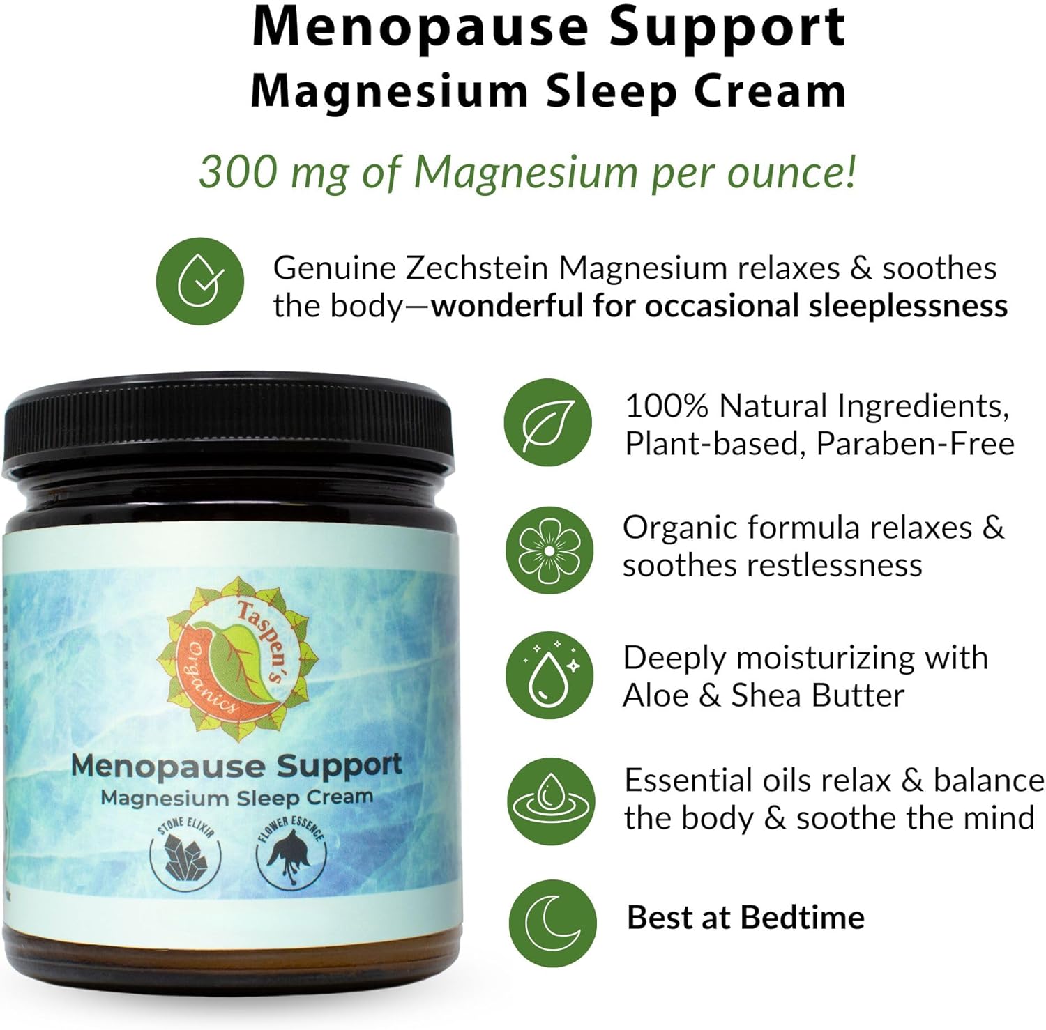 Taspen's Organics Menopause Support Magnesium Sleep Cream – Natural Cooling Relief for Hot Flashes & Night Sweats | Promotes Relaxation & Sleep | Flower Essence & Botanical Formula (1.7 oz) - Image 7