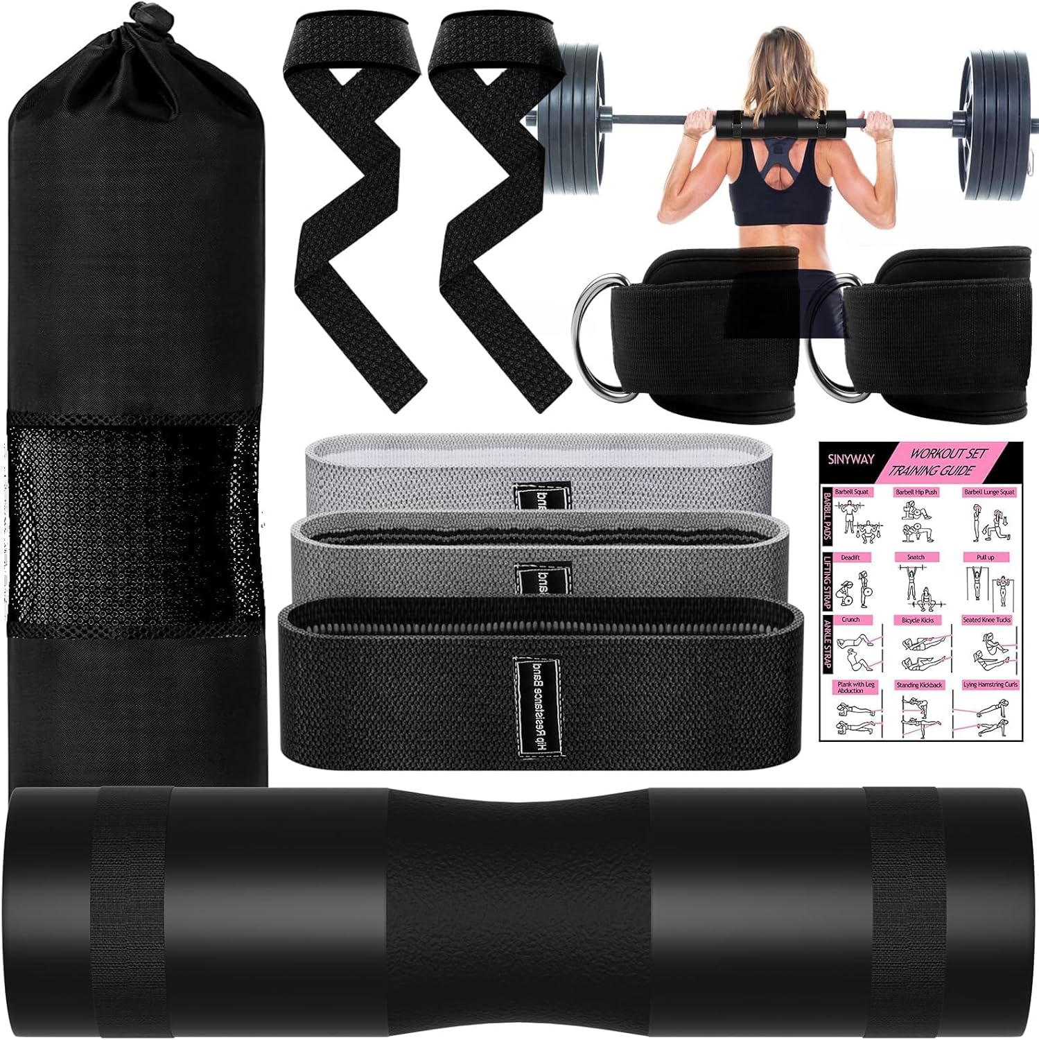 SINYWAY Barbell Pad Set for Squat,10 PCS Hip Thrusts Workout Foam Weight Lifting Bar Cushion with 2 Gym Ankle Straps,3 Hip Resistance Bands,2 Lifting Strap,Barbell Pad and Carry Bag