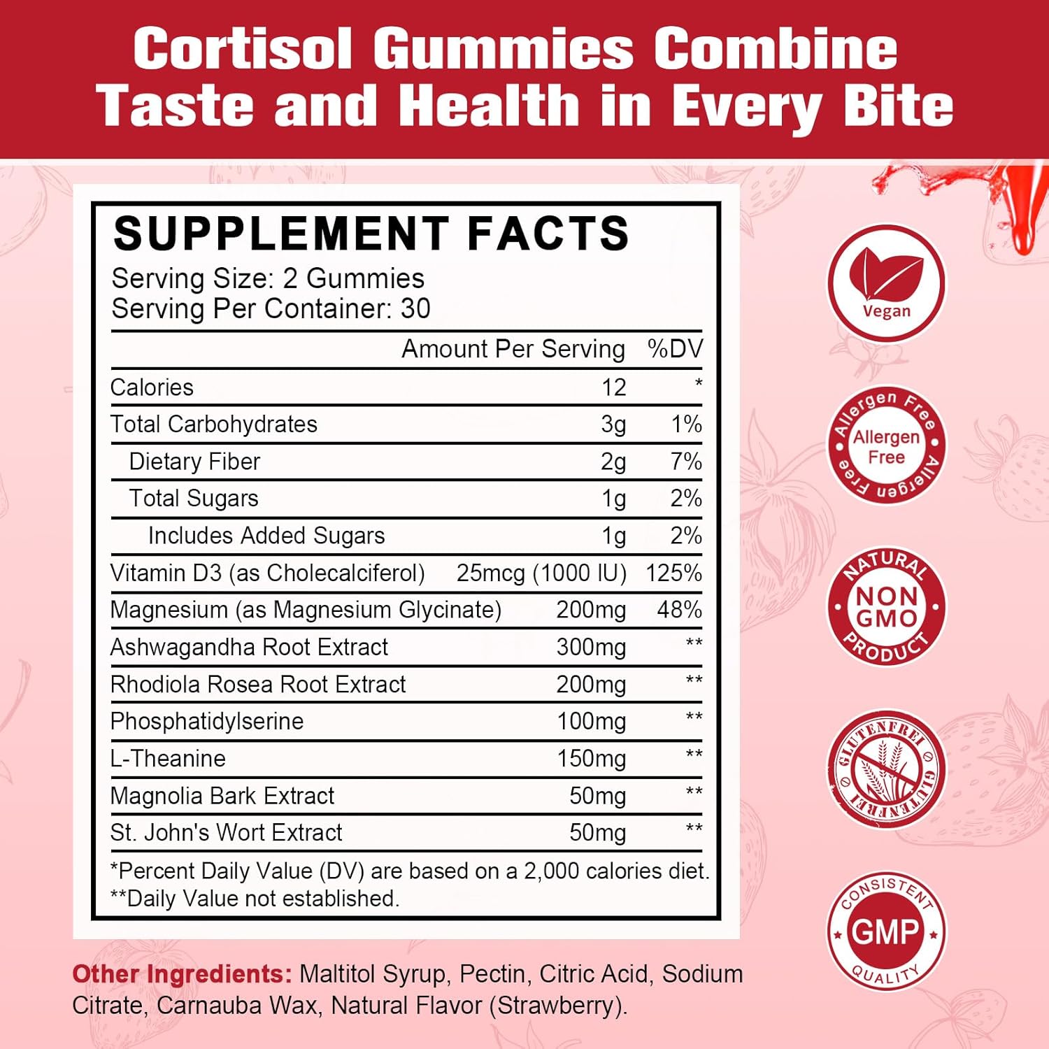 Cortisol Gummies for Women with Ashwagandha, Rhodiola Rosea, L-Theanine, Magnesium, Vitamin D3 for Zzz Support, Balanced Cortisol, Vegan, 60 Gummies - Image 2