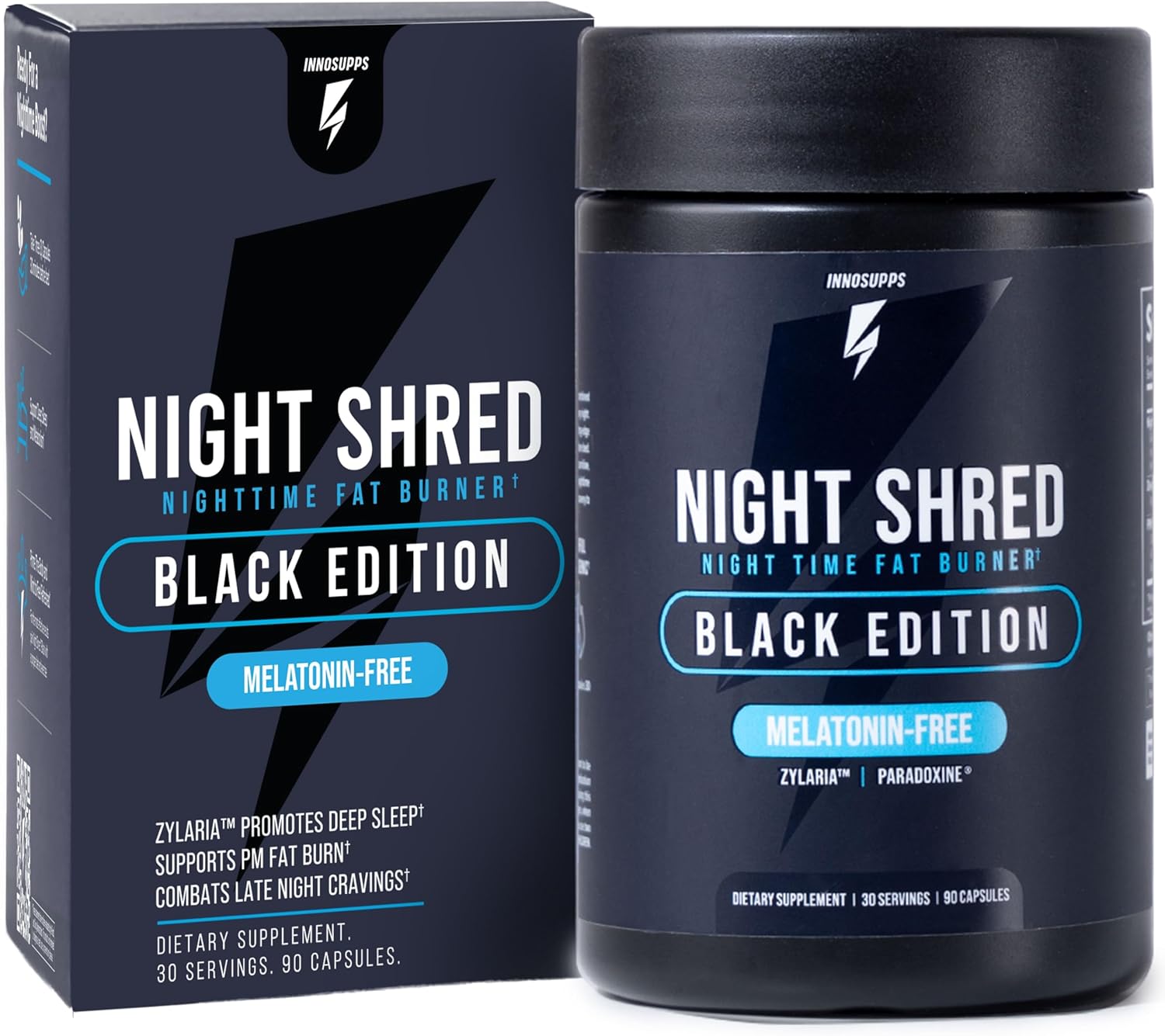 Night Shred Black Melatonin-Free - Night Time Fat Burner, Weight Loss, and Natural Sleep Support - GABA Complex with Ashwagandha, CLA, Grains of Paradise - Thermogenic Fat Burner - 90 Vegan Capsules