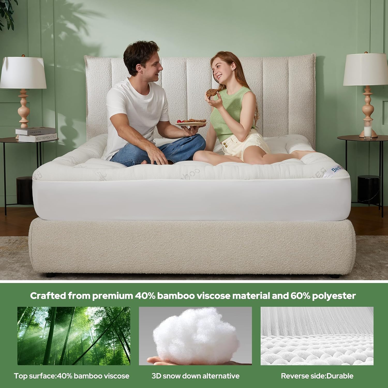 BEDLORE Full Size Mattress Topper Viscose Derived from Bamboo, Thick Pillow Top Mattress Pad with Stretchable Pockets for 6-15 inches Mattress, Breathable Mattress Topper for Back Pain Relief - Image 3