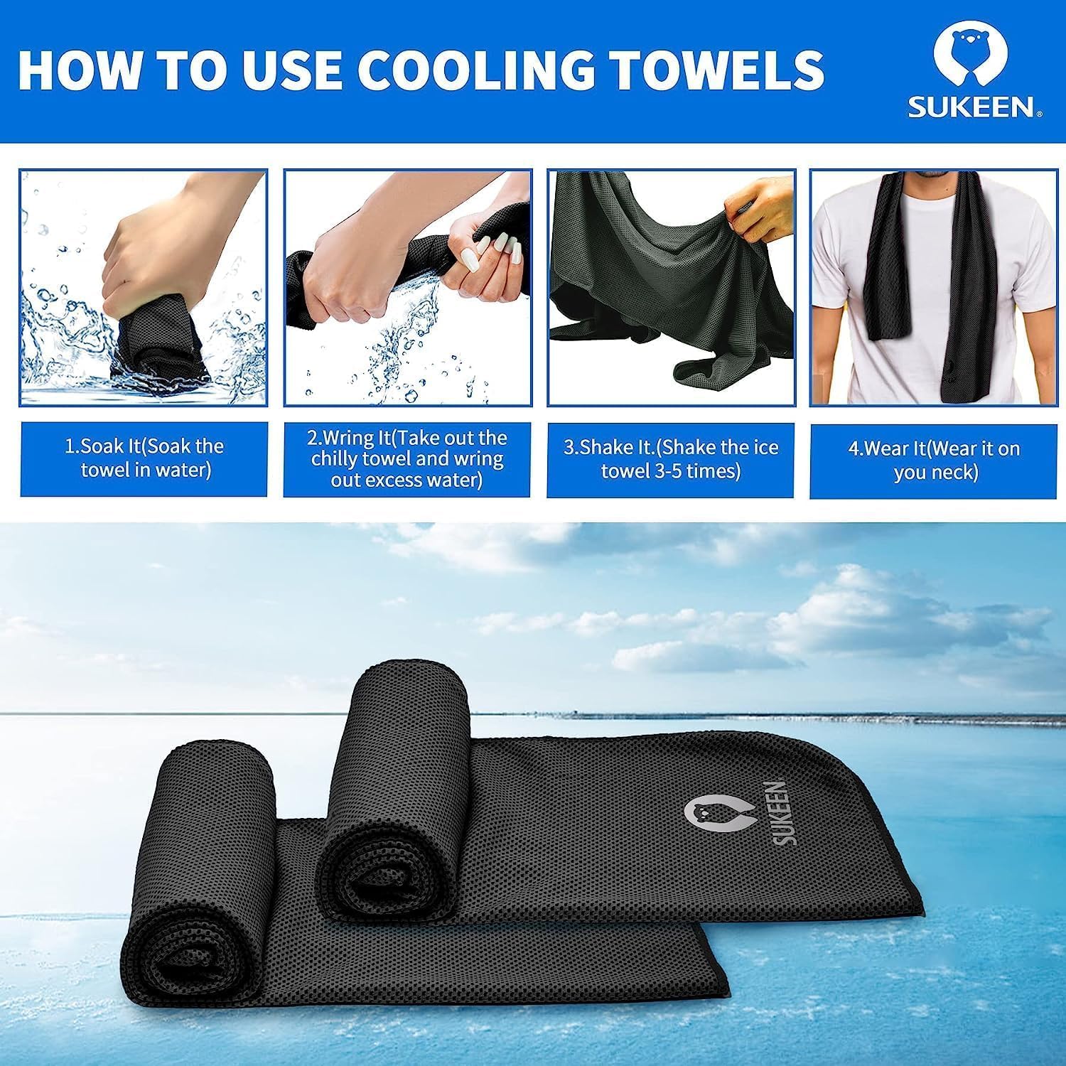 Sukeen 4Pack Cooling Towel (40"x12") for Neck and Face, Soft & Breathable Chilly Sports Towel, Quick-Drying Sweat Absorbing Cooling Neck Wraps Cooling for Yoga, Sport, Running, Workout - Image 3
