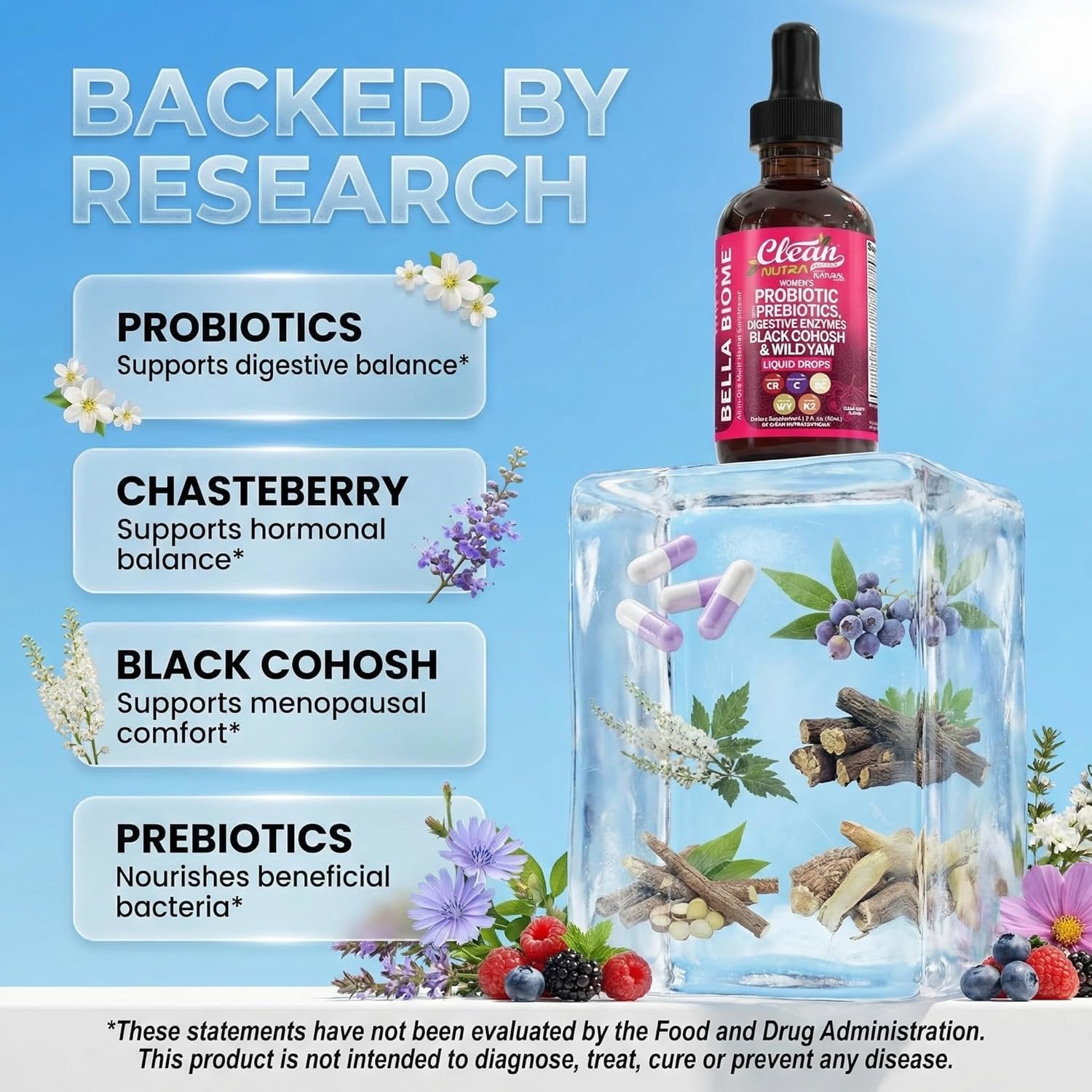 Liquid Probiotics for Women Drops with Chasteberry, Black Cohosh, Prebiotics, Digestive Enzymes, Evening Primrose Oil, Wild Yam, Cranberry Dmannose and Iron Vitamin D3 K2 Clean Nutra Bella Biotics - Image 3