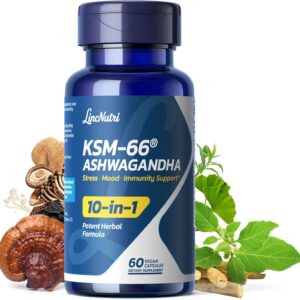 KSM-66 Ashwagandha Supplements, Ashwagandha Root Extract for Women & Men, 10-in-1 Adaptogen Complex for Cortisol Manager, Stress, Energy & Immune Support, 60 Vegan Capsules