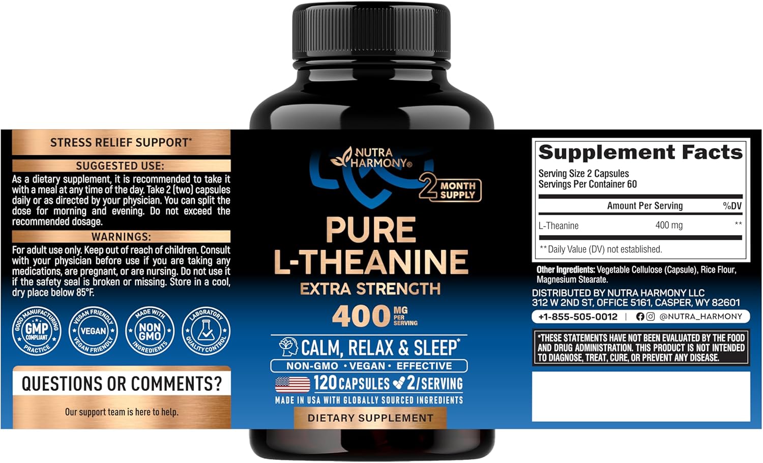 L Theanine 400 mg | L-Theanine Stress Relief | Extra Strength Supplement | Lab Tested | Relaxation, Sleep & Calm Support | For Men & Women | Plant Based, Non-GMO & Gluten-Free | 120 Vegan Capsules - Image 2