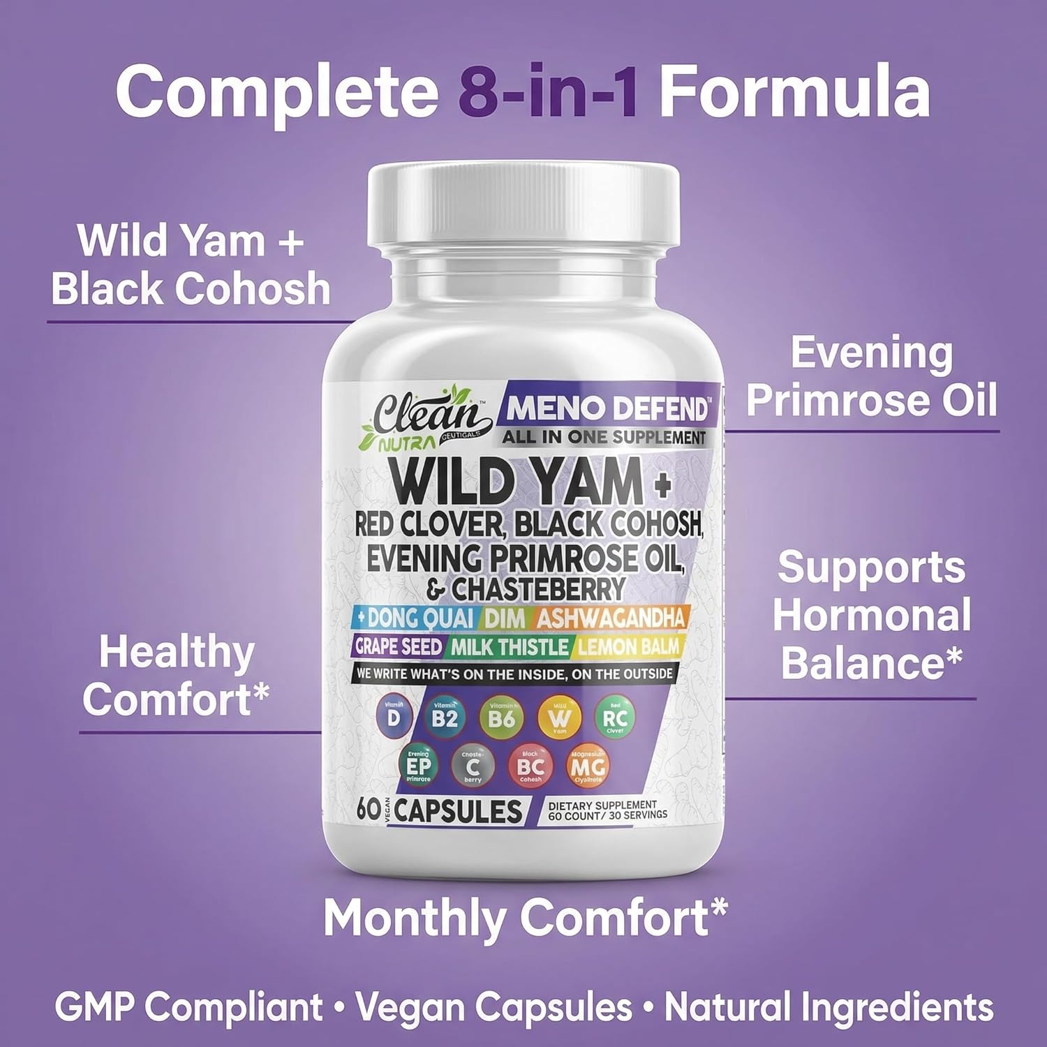 Clean Nutra Wild Yam Root Capsules with Red Clover Black Cohosh Evening Primrose Oil Chasteberry Dong Quai DIM Ashwagandha Grape Seed Extract Milk Thistle Lemon Balm and more Hormone Balance For Women - Image 8