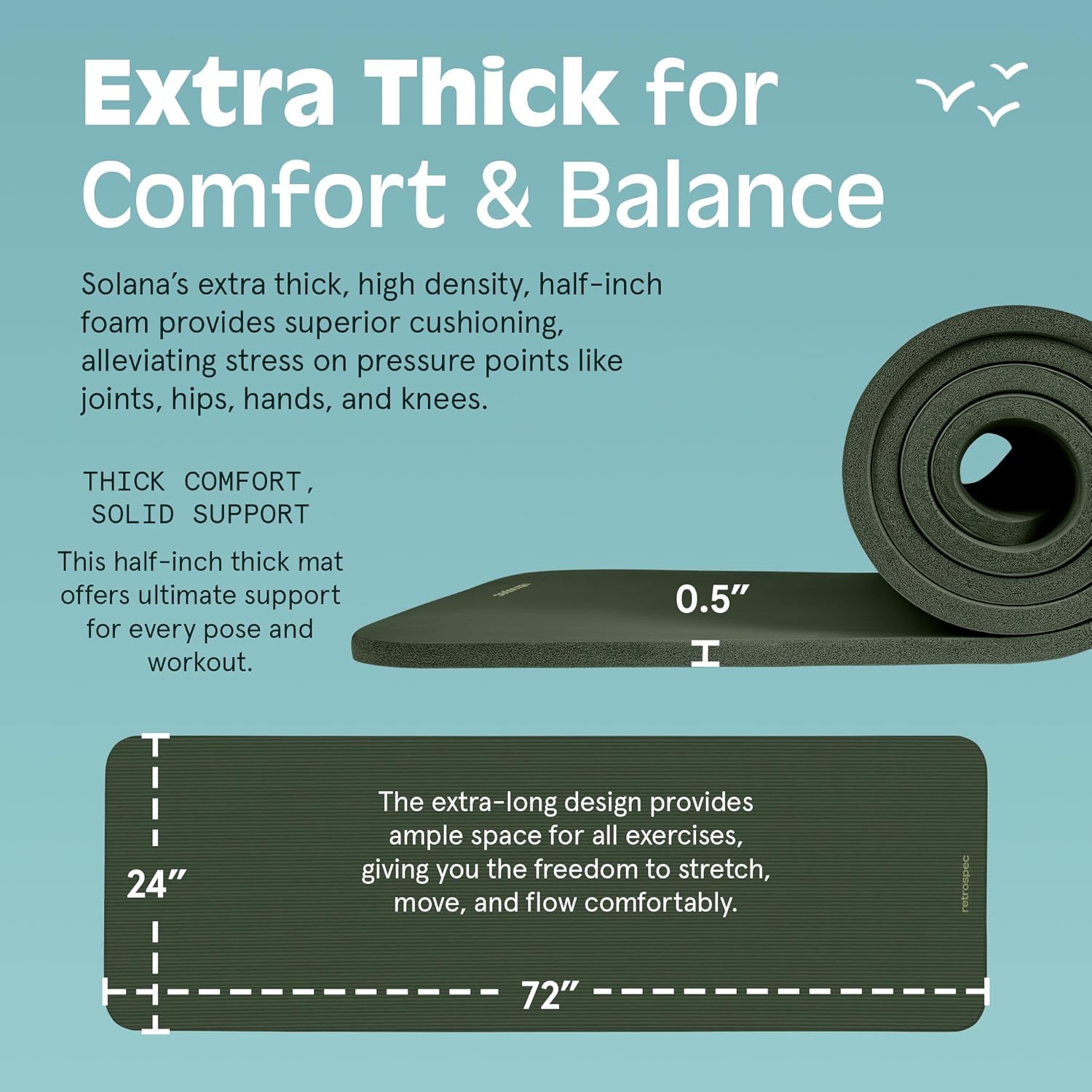 Retrospec Solana Yoga Mat Thick 1/2in Non-Slip Workout Mat with Nylon Strap - 72x24in Exercise Mat for Pilates, Stretching & Fitness - BPA Free, Easy Clean - Image 3