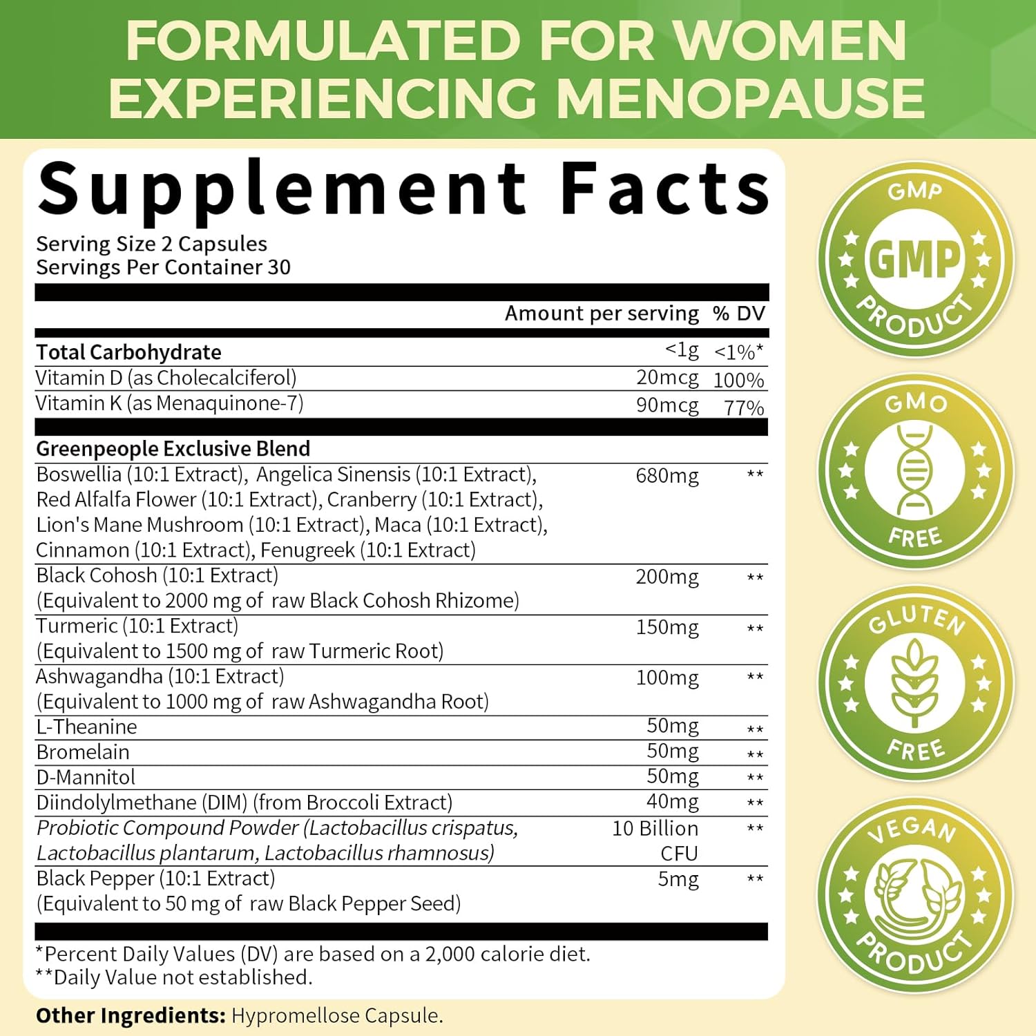 GREENPEOPLE Menopause Supplements for Women - Black Cohosh & Ashwagandha for Hot Flashes, Night Sweats, Mood Swings, Hormonal Balance Support,10 Billion CFU Probiotic - 120(2 Packs) Capsules Vegan - Image 6