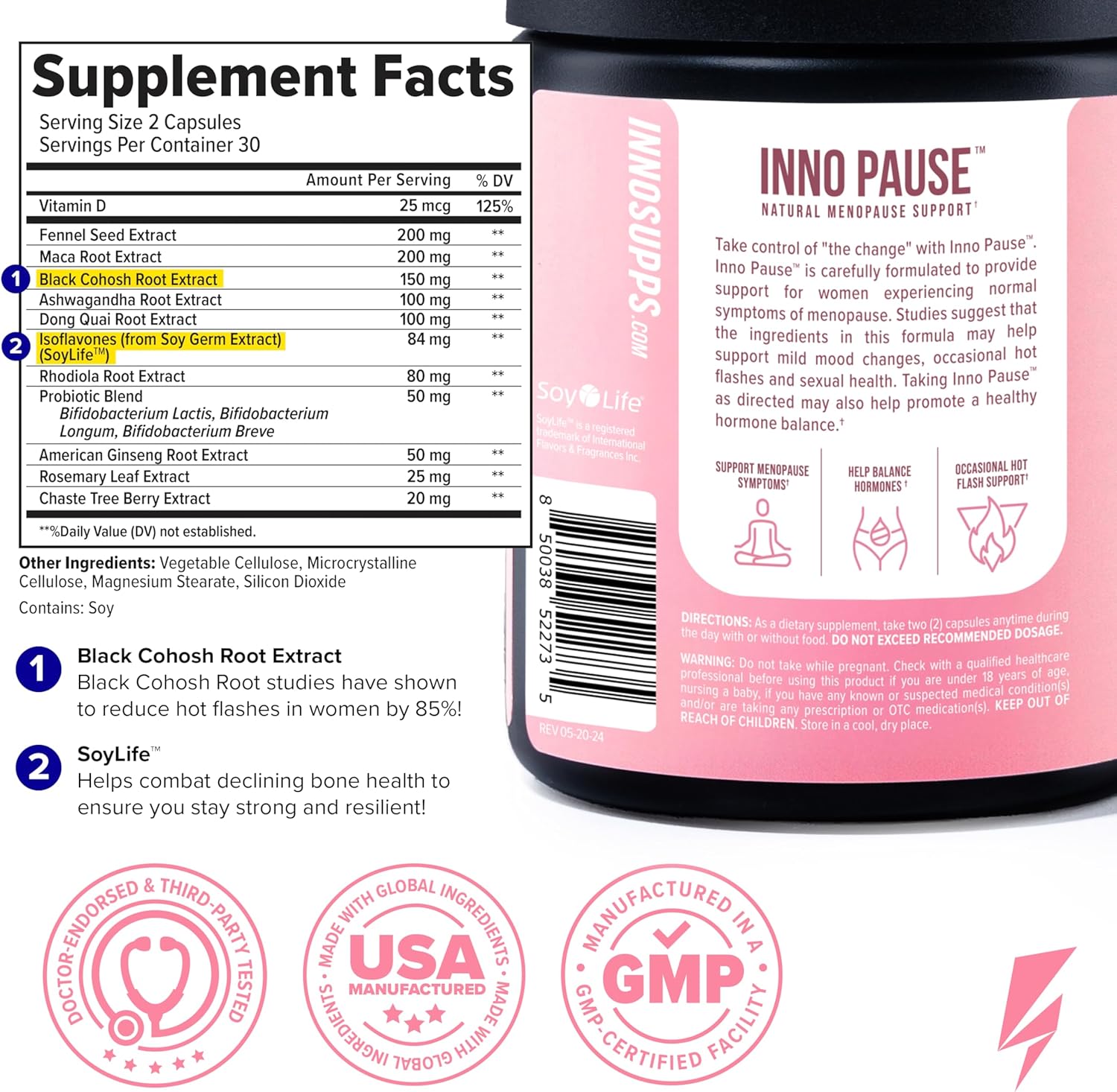Inno Pause - Menopause Supplements for Women with Black Cohosh, Dong Quai Root Extract & Ashwagandha - Menopause Support for Hot Flash Relief, Night Sweats Relief, Sleep & Mood Support (60 Capsules) - Image 5