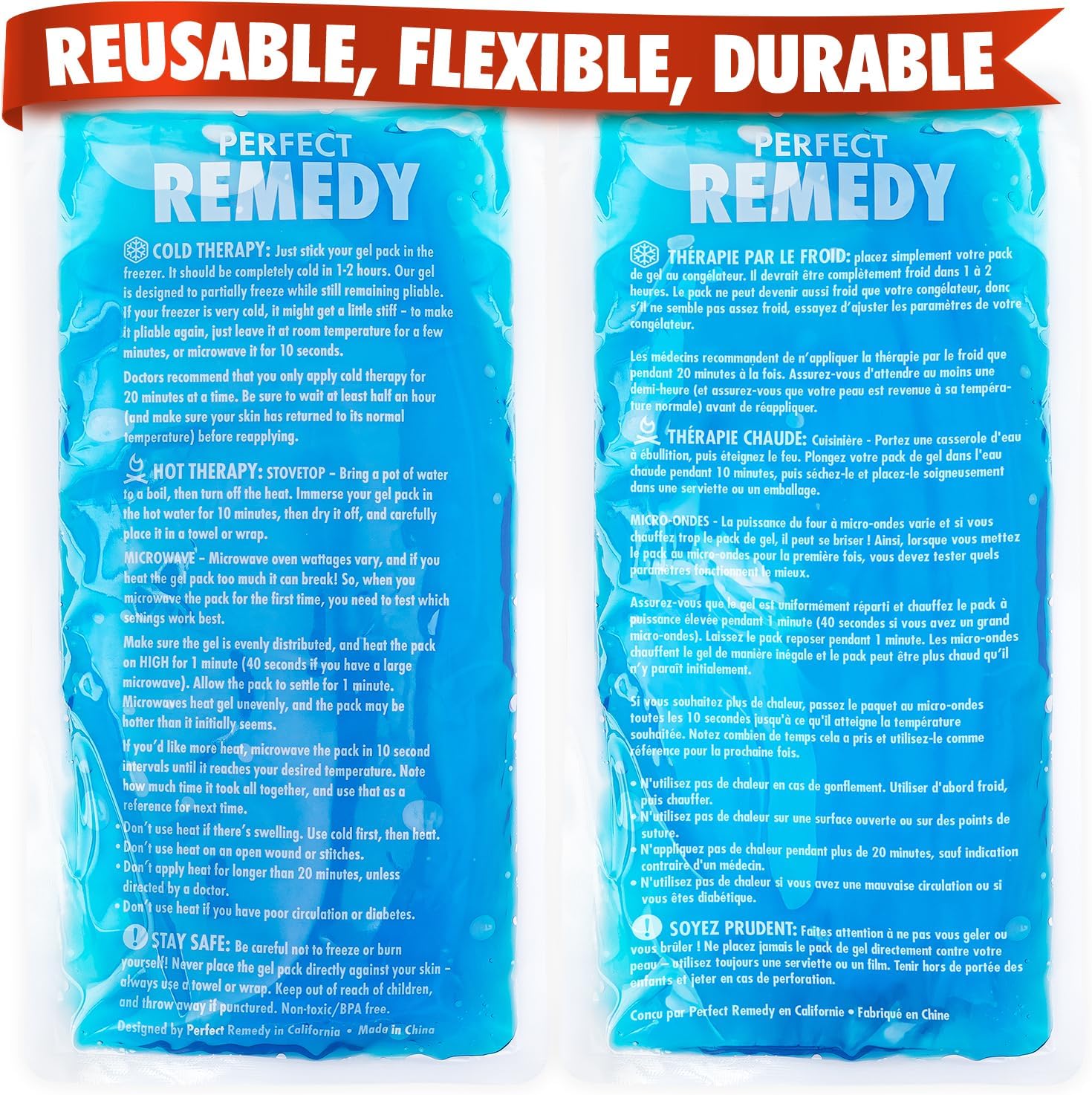 Perfect Remedy Reusable Gel Ice Pack 2-Pack – Hot & Cold Therapy Packs for Pain Relief, Flexible Leakproof Ice Packs for Injuries, Swelling, Muscle Recovery (Blue)