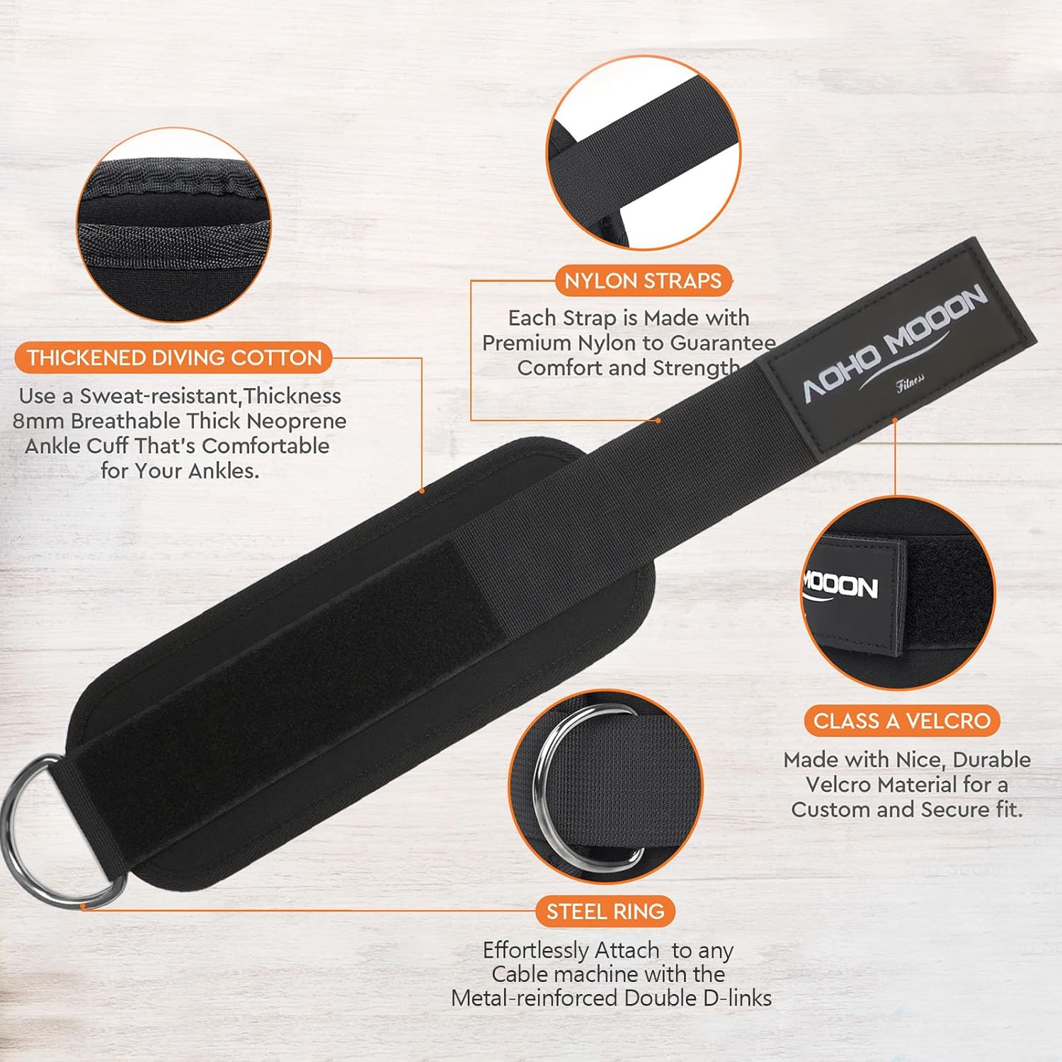 AOHO MOOON Velcro Comfortable Adjustable Padded Ankle Wrist Cuffs Neoprene Padded Straps D-Ring Glute Kickback for Cable Machine, Ideal for Glutes Exercises - Image 4
