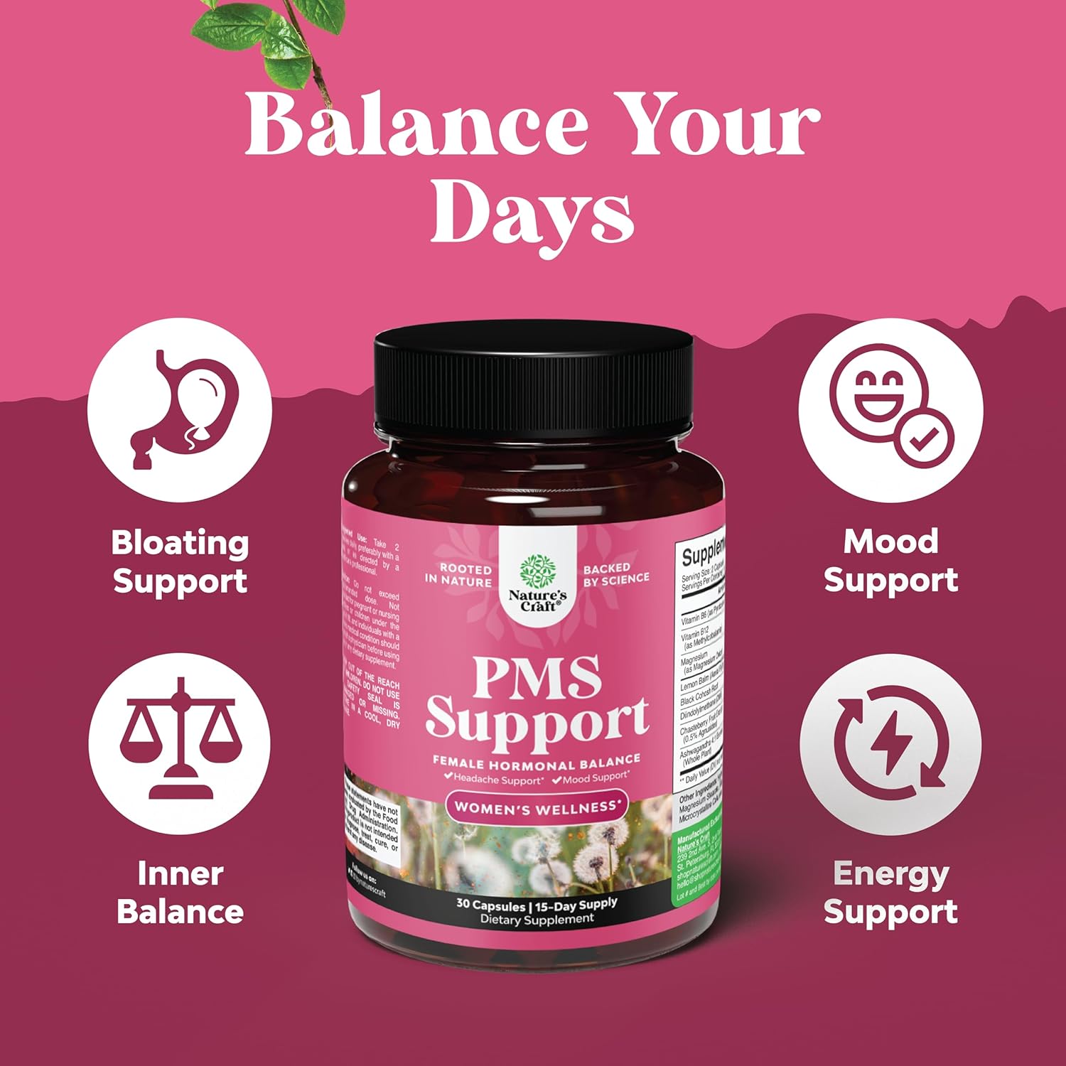 PMS Support Supplement for Women – Hormone Balance for Women & Menstrual Ease with DIM, Chasteberry, Black Cohosh & Ashwagandha - for Period Cramps Ease, Menopause Bloating, Mood Swing – 30 Ct - Image 6