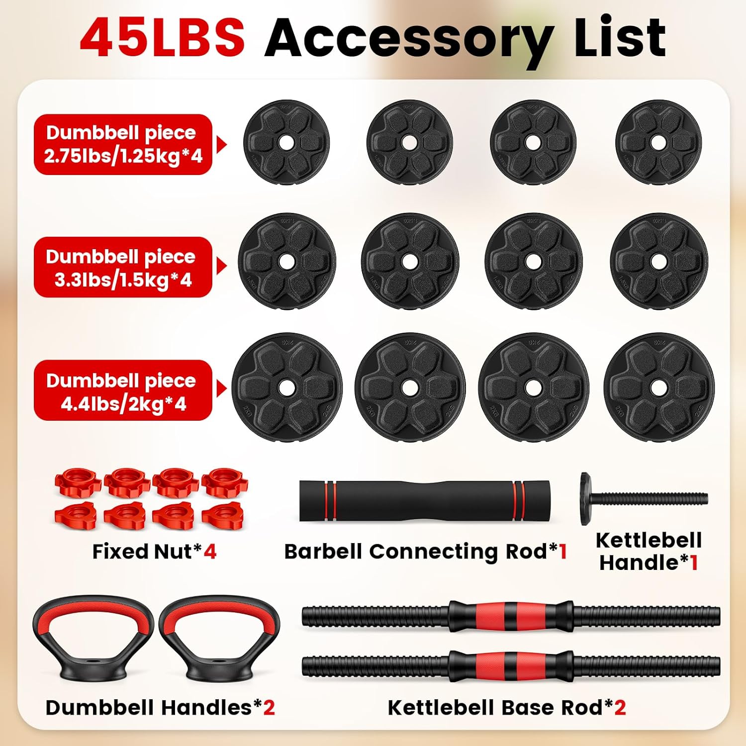 Adjustable Dumbbell Set, 20/33/45/70/90lbs Free Weight Set with Connector, 4 in1 Dumbbells Set Used as Barbell, Kettlebells, Push up Stand, Weight Set for Home Gym Suitable Men/Women - Image 3
