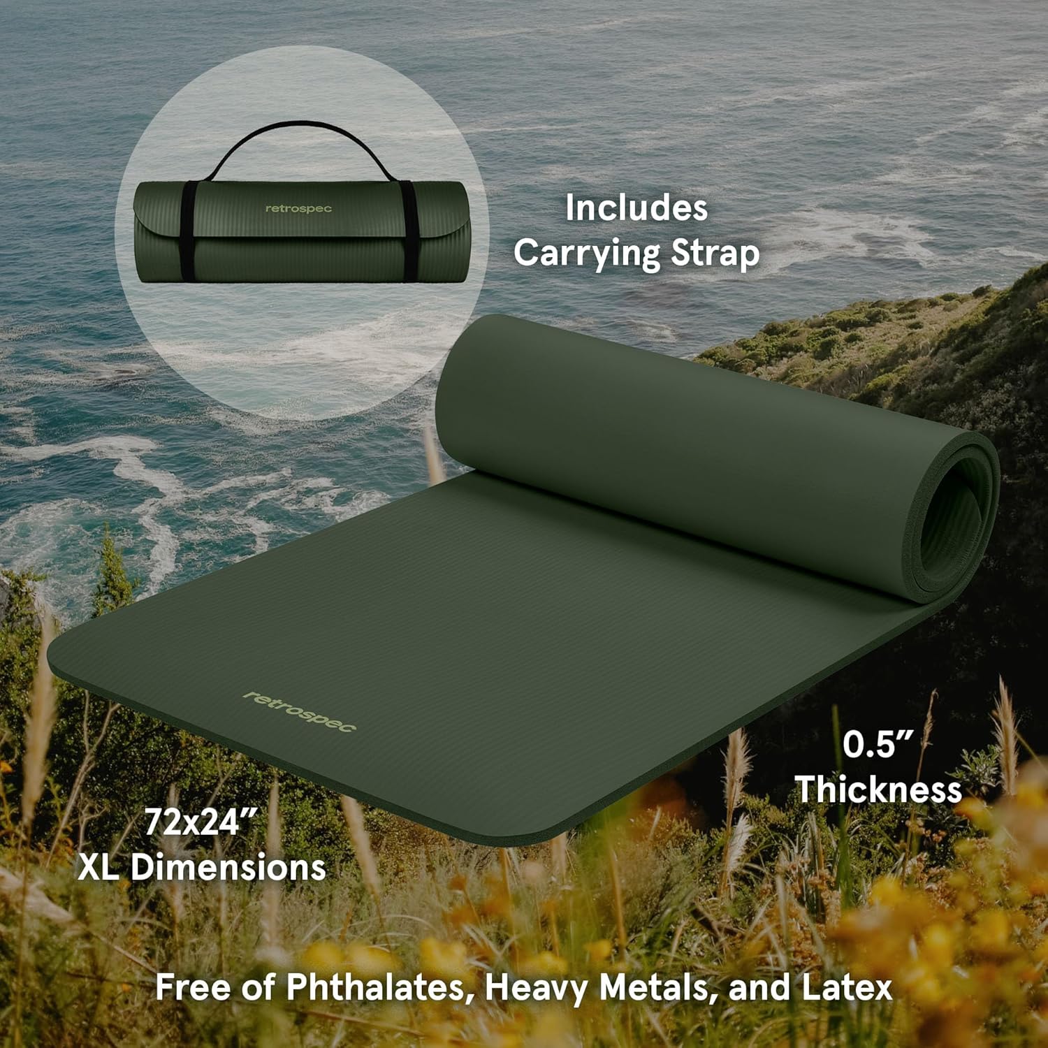Retrospec Solana Yoga Mat Thick 1/2in Non-Slip Workout Mat with Nylon Strap - 72x24in Exercise Mat for Pilates, Stretching & Fitness - BPA Free, Easy Clean - Image 2