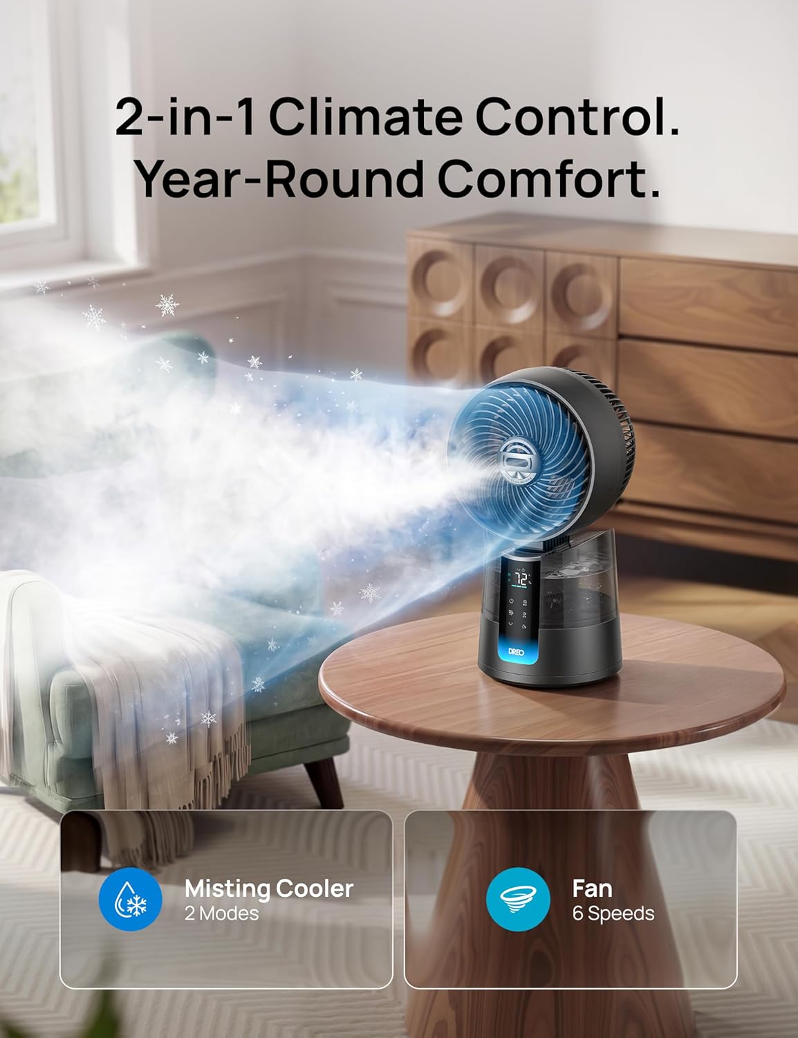 DREO TurboCool Misting Fan 516, 5℉ Drop Cooling Fans that Blow Cold Air, 150°+30° Omni-directional Oscillating, Evaporative air cooler, 26 ft/s Wind, Ultrafine Mist, 20dB Quiet, 6 Speeds 2 Modes, Grey - Image 7