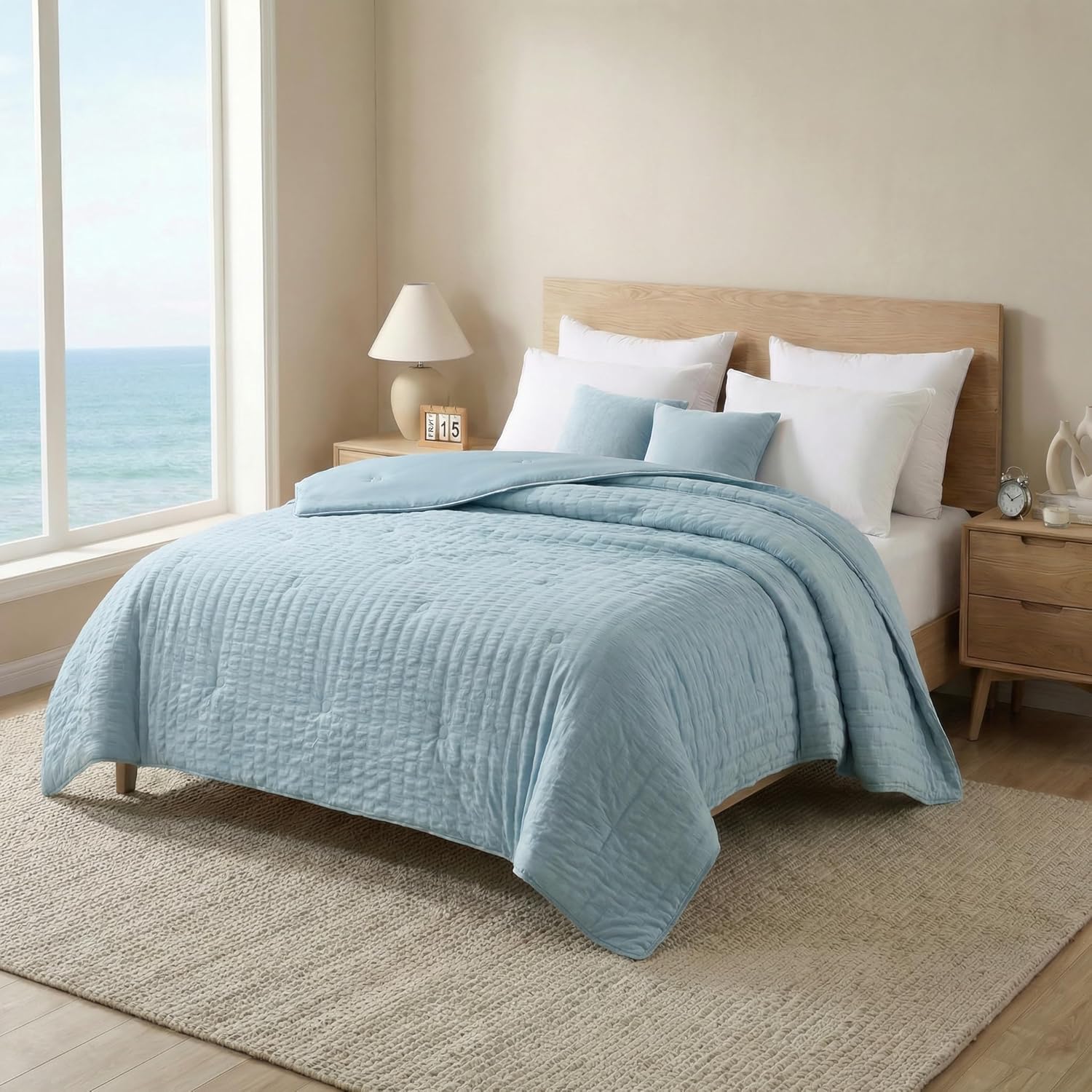 Cooling Comforter King Size 104"x90", Seersucker Reversible Lightweight Summer Comforter, Q-Max>0.4 Breathable Cooling Blanket for Hot Sleepers Night Sweats & Menopause, All Season Bedding, Blue - Image 9