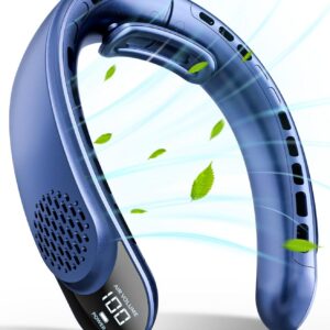 FrSara Portable Neck Fan Rechargeable, Neck Fans that Blow Cold Air, Personal Neck Cooler with 4000mAh, LED Display, 3 Speeds, USB TYPE-C, Ideal Gift for Women, Travel, Men, Sports, Denim