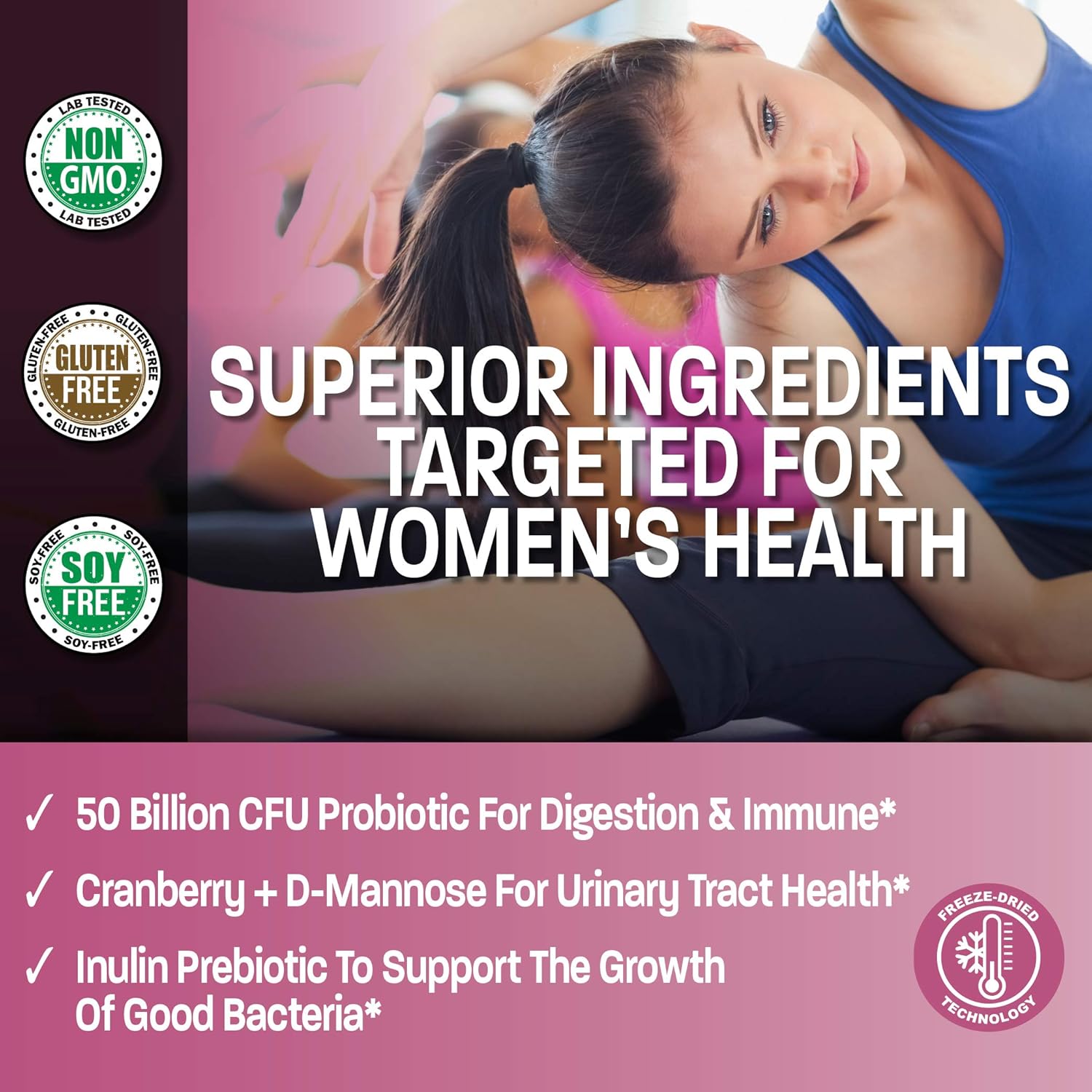 Bronson Women's Probiotic 50 Billion CFU + Prebiotic with Cranberry & D-Mannose – Vaginal Health, Healthy Digestion, Immune Function and Urinary Tract Support, Non-GMO, 60 Vegetarian Capsules - Image 3