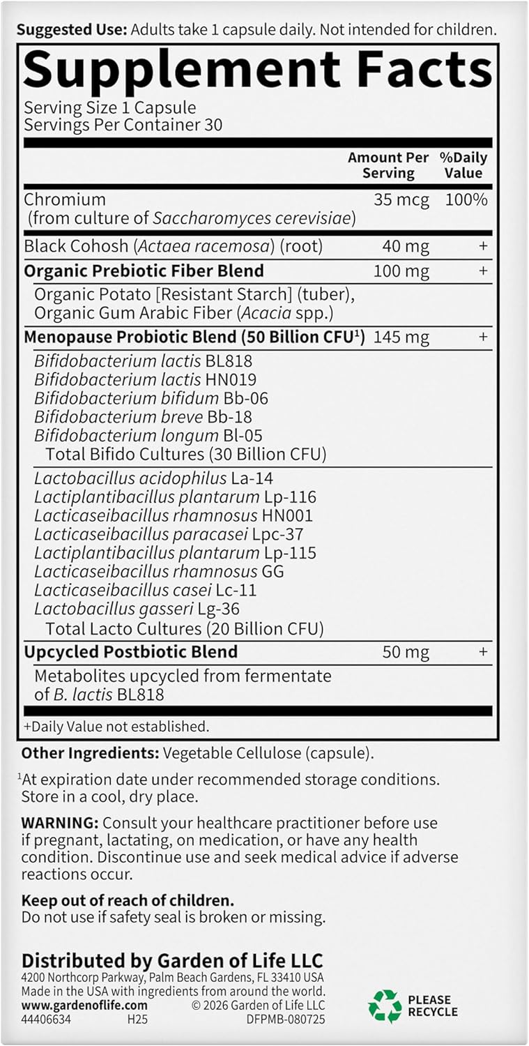 Garden of Life Dr. Formulated Menopause Probiotics with Black Cohosh, Chromium and Pre, Pro & Postbiotics – Menopause Supplements for Women, Immune Health, Non-GMO, Gluten-Free, 30 Vegetarian Capsules - Image 10