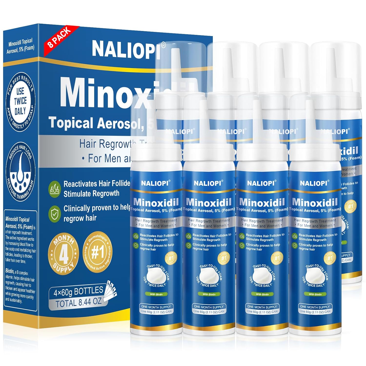 8 Pack 5% Minoxidil Foam for Men & Women, Hair Regrowth Treatment, Extra Strength, Biotin-Infused, Unscented, 8 Bottles (60ml Each), 8-Month Supply, Promotes Thicker & Fuller Hair
