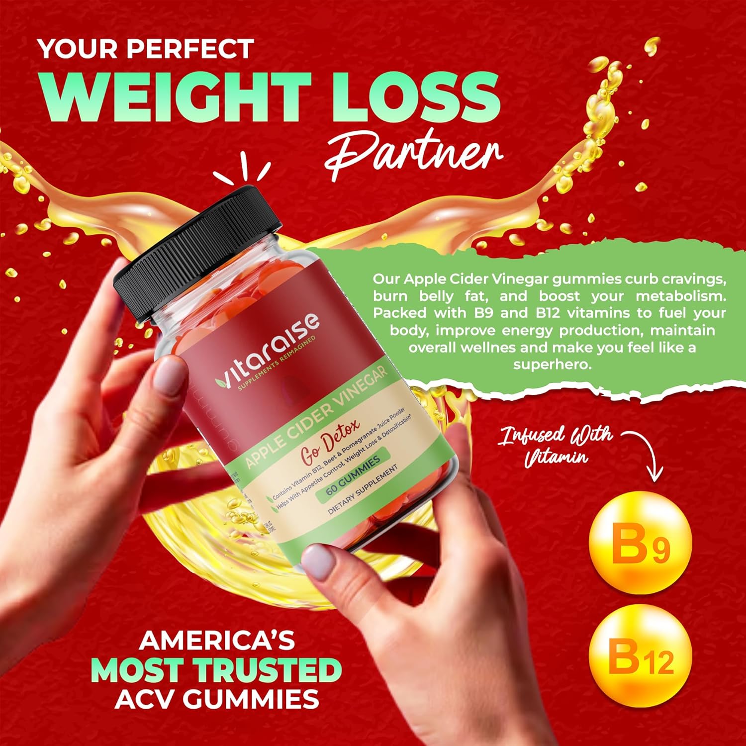 Apple Cider Vinegar Gummies - ACV with Mother Gummies for Weight Loss - Detox & Digestion Support - 1000mg - Keto ACV Gummies B9 & B12 - Metabolism Booster - Vegan, Non-GMO, Gluten-Free - 60 Chews - Image 3