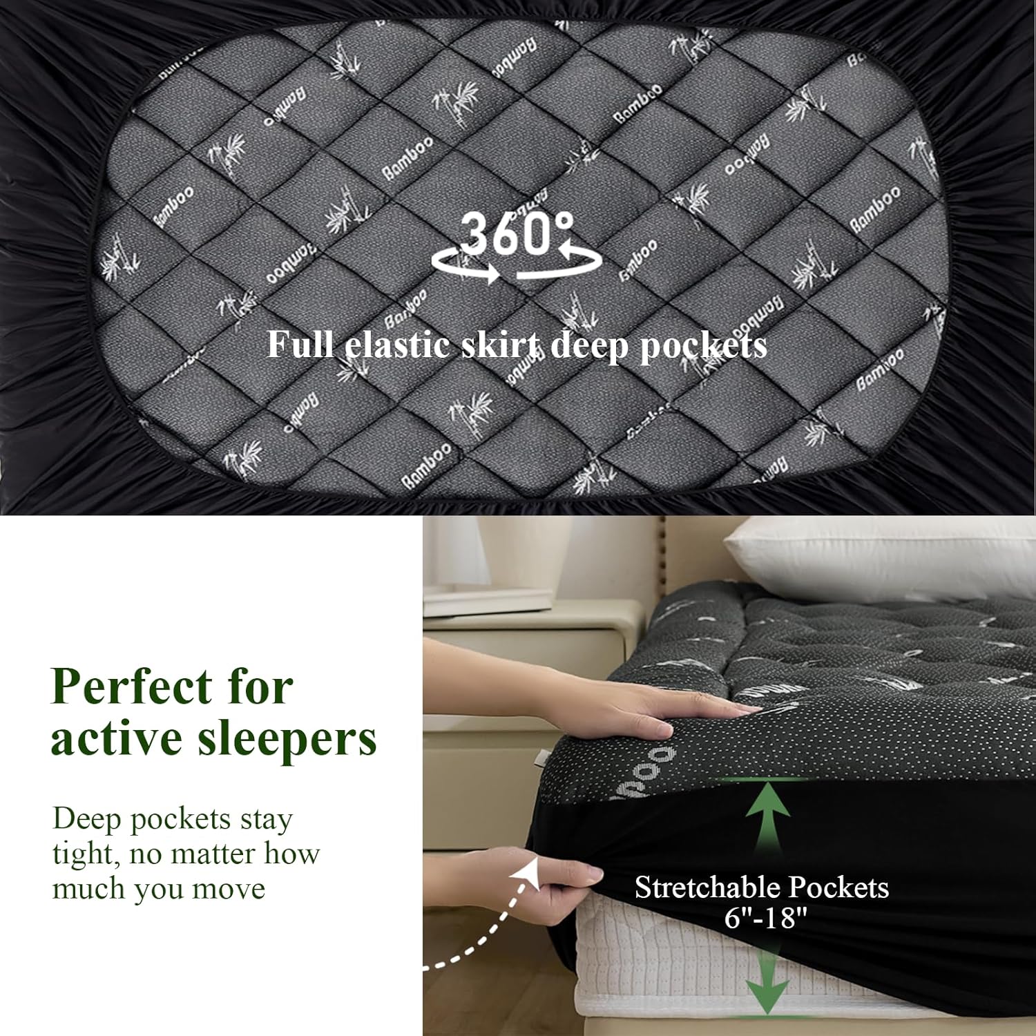 Queen Mattress Topper, Viscose Derived from Bamboo, Thick Pillow Top Mattress Pad with Deep Pocket Fits 6-18 inches, Naturally Cooling for Hot Sleepers, Soft for Back Pain Relief, Premium Dark Grey - Image 5