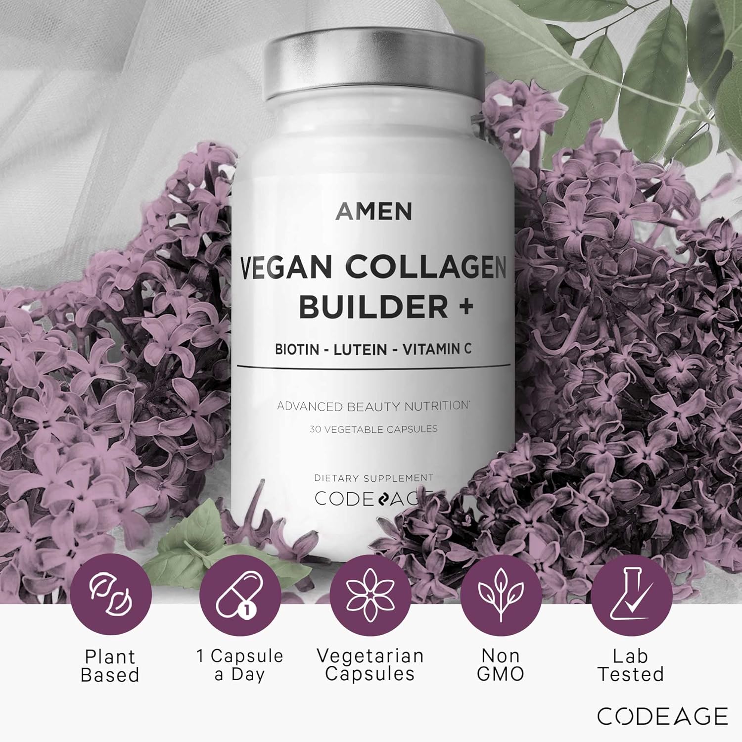 Amen Plant-Based Vegan Collagen Builder Supplement - Organic Whole Foods, Lutein, Vitamin C, Biotin, Lysine, Proline Collagen Boosters - Organic Cranberry, Lemon, Strawberry - Once A Day - 30 Capsules - Image 9