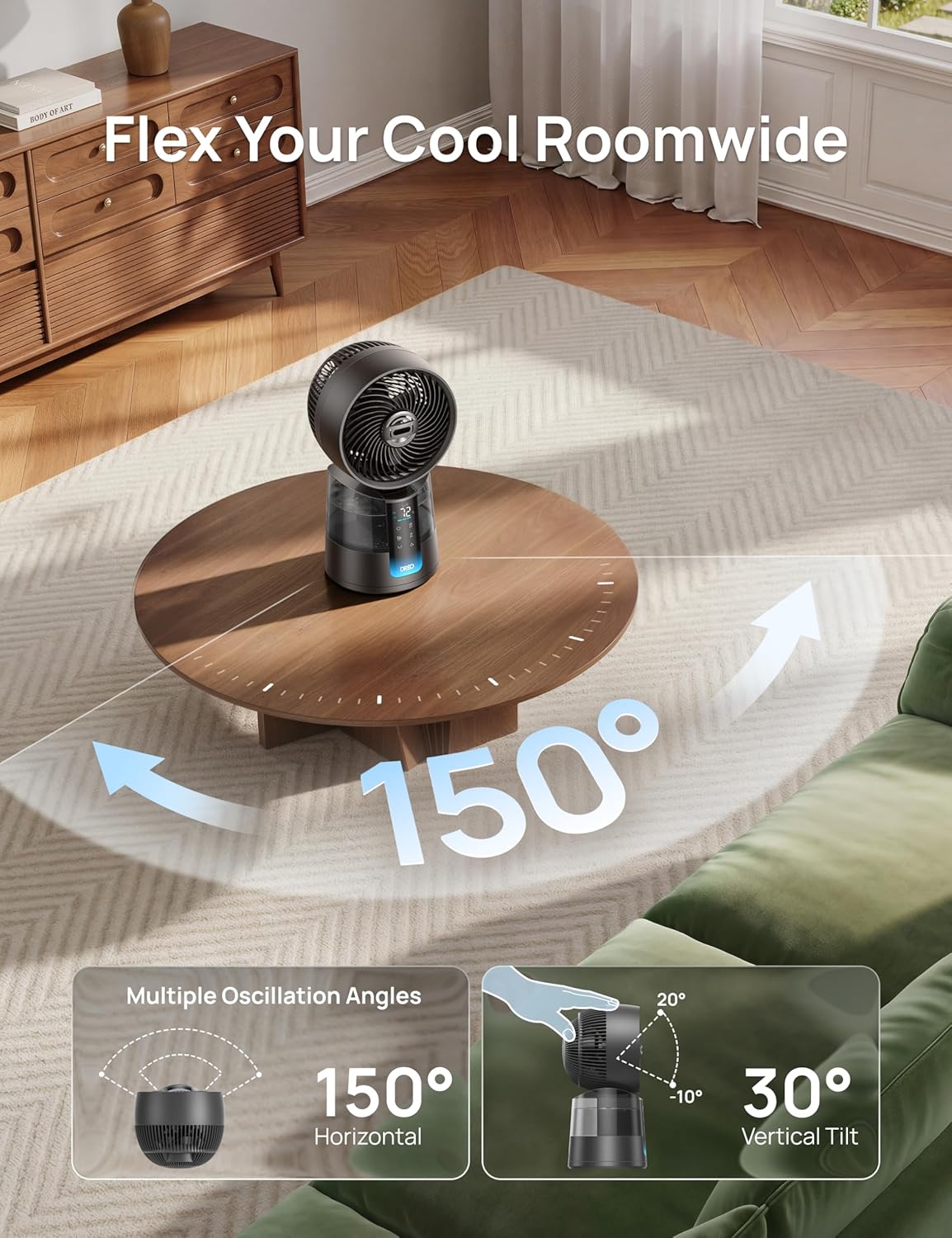 DREO TurboCool Misting Fan 516, 5℉ Drop Cooling Fans that Blow Cold Air, 150°+30° Omni-directional Oscillating, Evaporative air cooler, 26 ft/s Wind, Ultrafine Mist, 20dB Quiet, 6 Speeds 2 Modes, Grey - Image 6