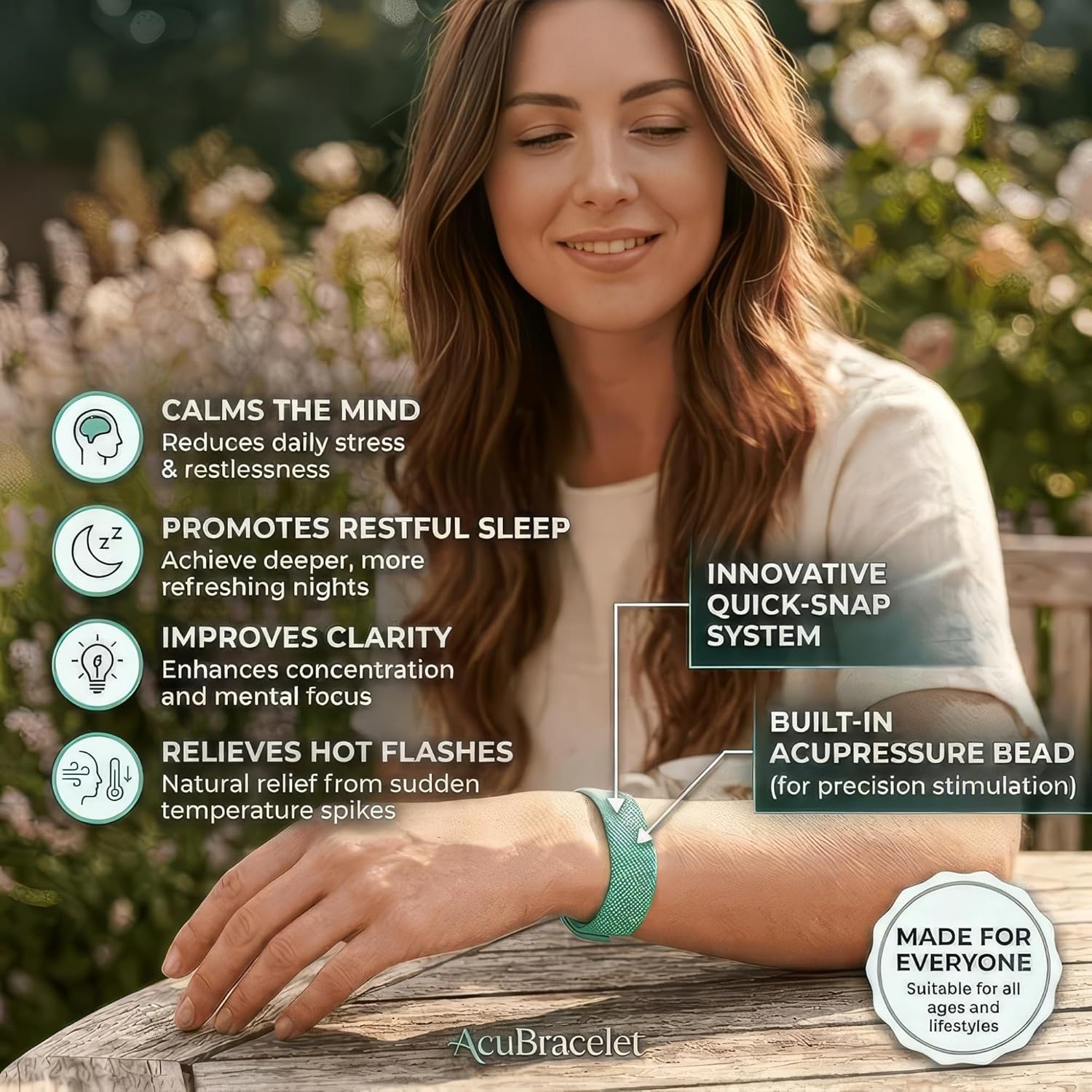 AcuBalance Women's Hot Flash Cooling Bracelet - Waterproof Acupressure Band for Menopause Relief, Stress, Sleep, and Mood Support with Snap Technique - Image 2
