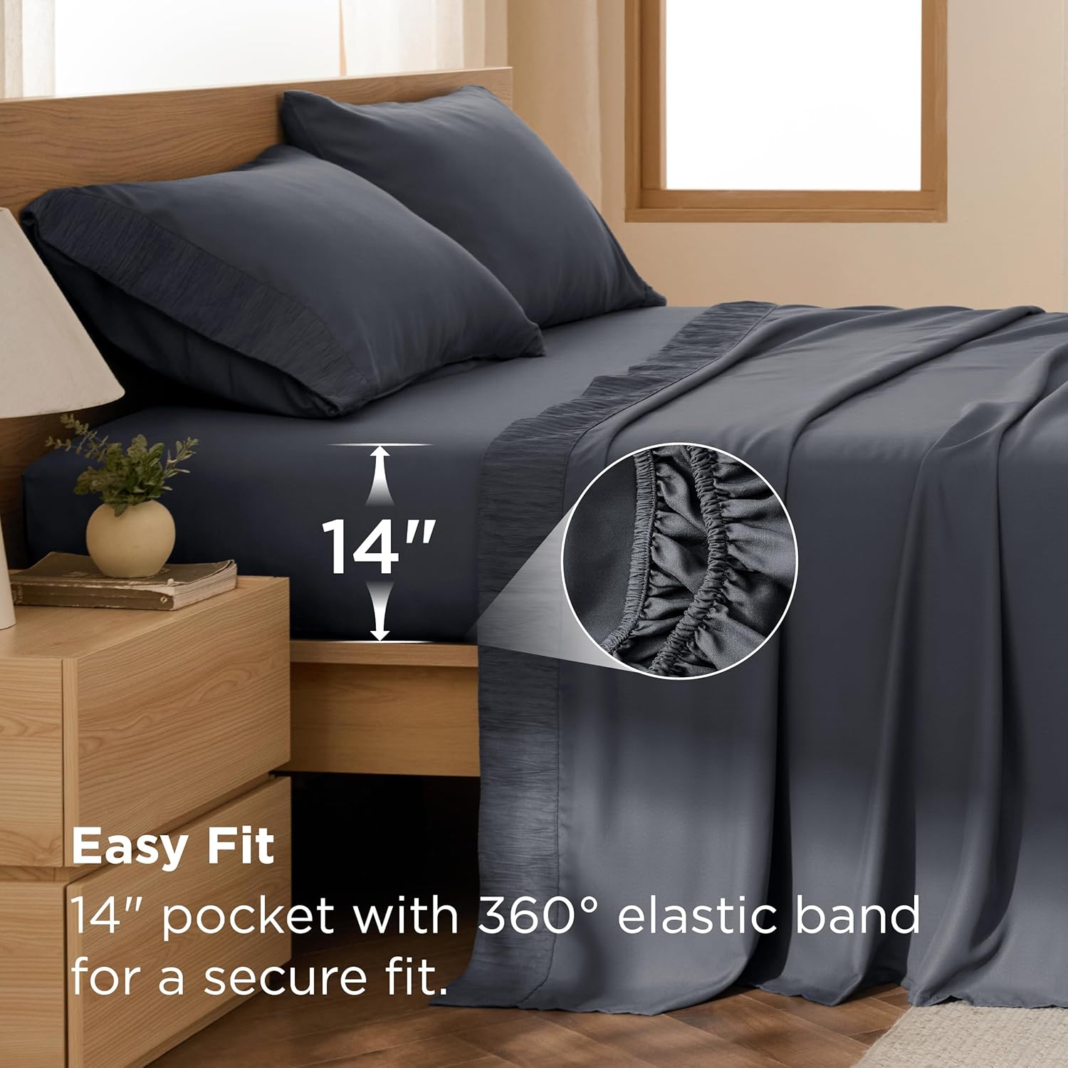 Bedsure Queen Sheet Set - 4 Pieces Soft Queen Size Sheets - Breathable & Cooling - Hotel Luxury - Easy Care Polyester Microfiber Bedding for Kids, Women, Men, Dark Grey - Image 4