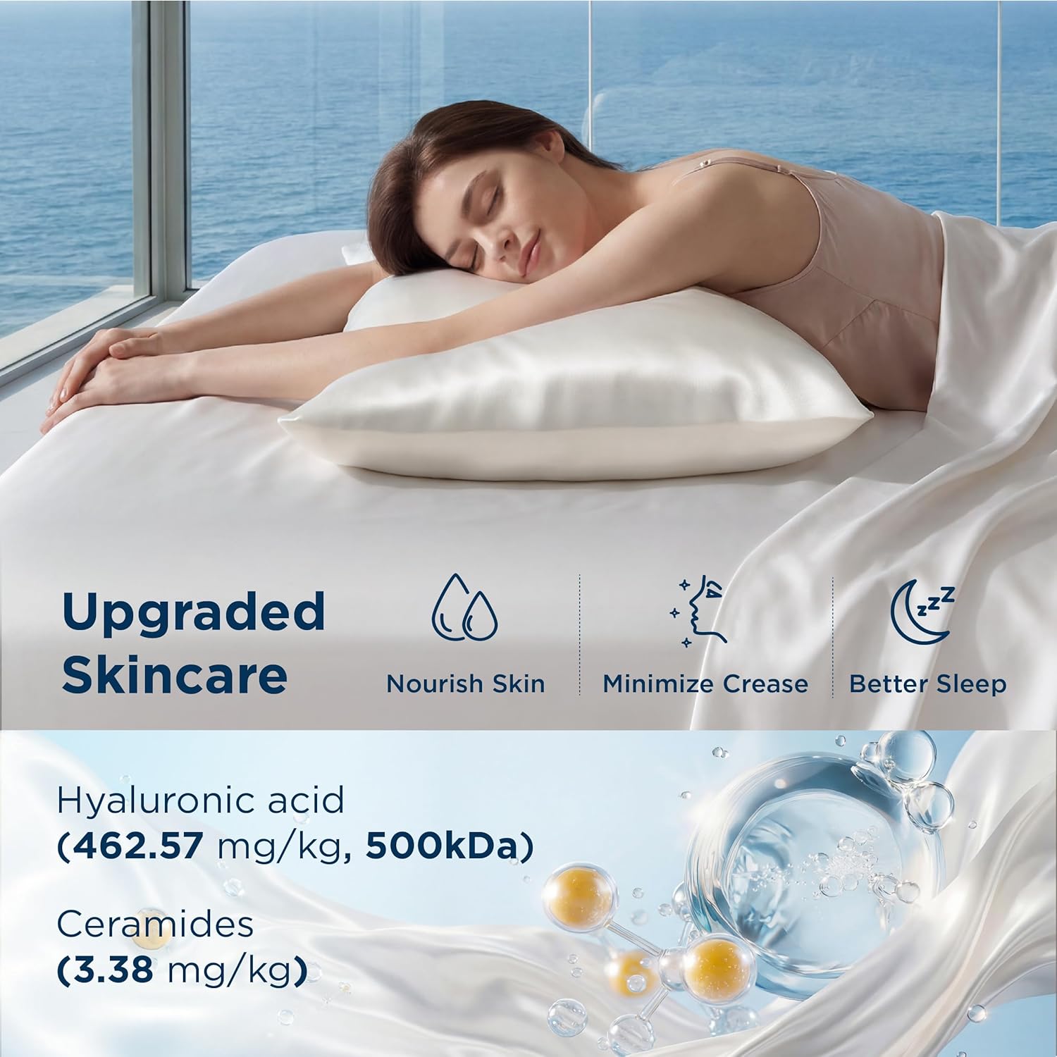 Bedsure Cooling Pillowcase for Hot Sleepers, Silk Like Pillow Case Queen Size Set of 2, Reduce Wrinkles & Frizz-Free Hair, Infused with HA & Ceramides for Skin, Hidden Zipper, Queen, White - Image 3