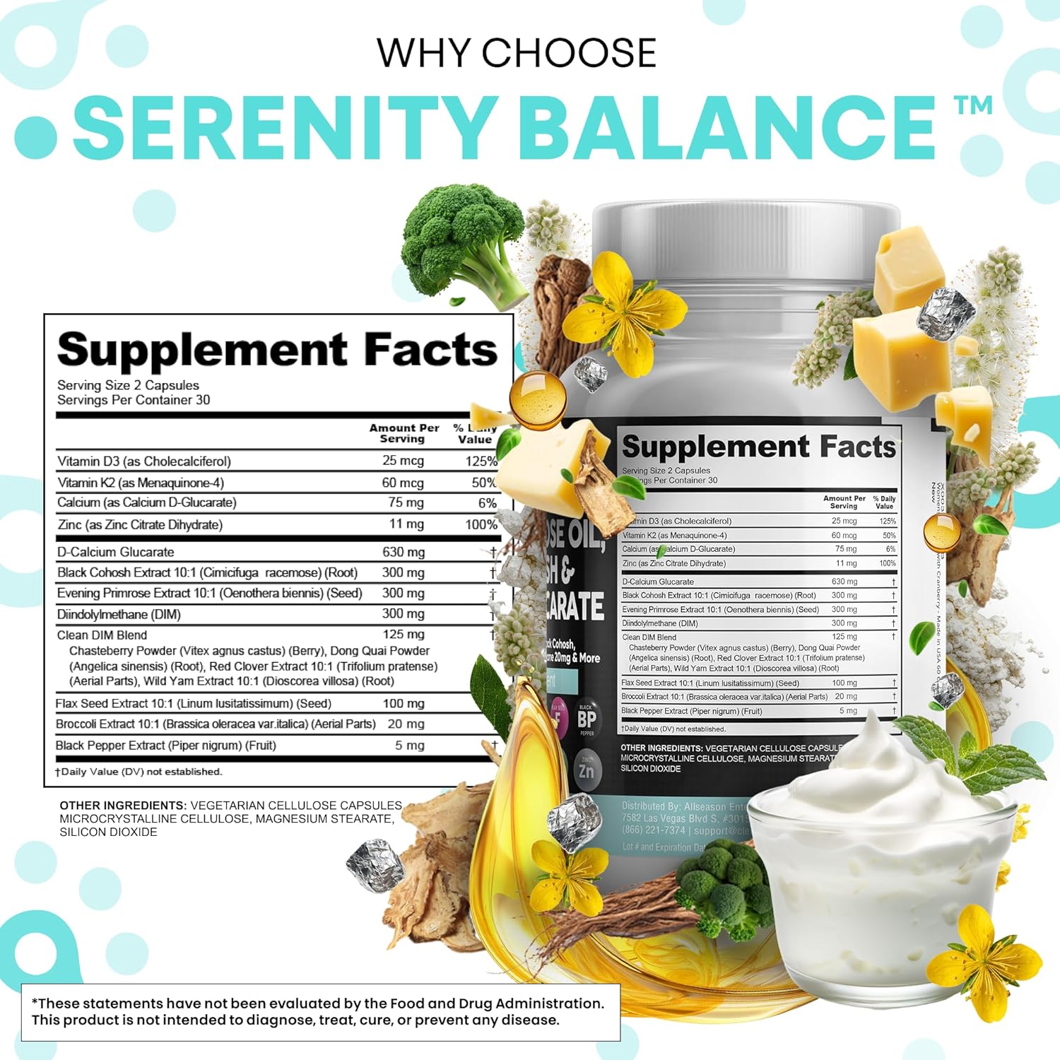 Clean Nutraceuticals DIM Evening Primrose Black Cohosh Calcium D-Glucarate Sulforaphane Flax Seed Extract - Hormonal Support Vitamins for Women with Dong Quai - 60 Caps - Image 5