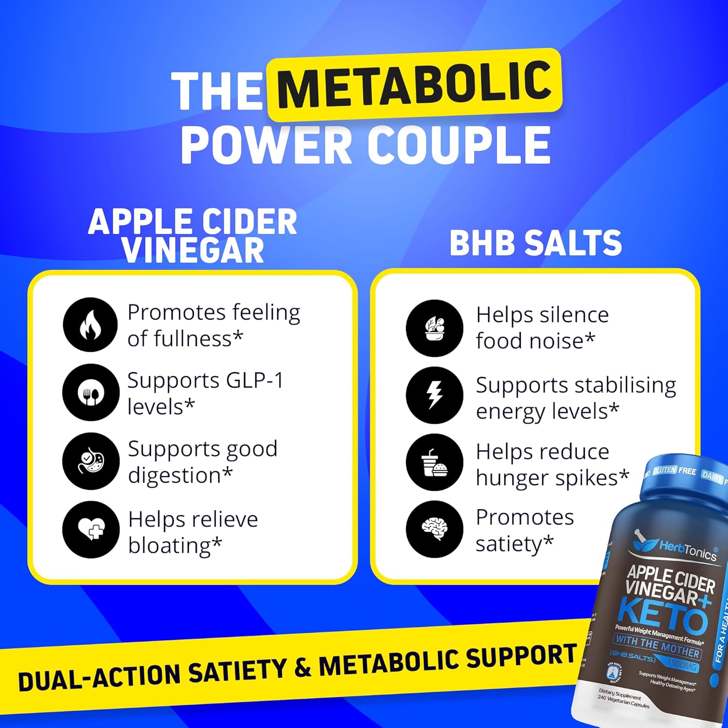 Herbtonics Apple Cider Vinegar + Keto BHB Capsules | GLP-1 Support for Appetite, Cravings & Weight Management | Metabolism Support with Satiety Support | 240 Capsules - 4 Month Supply - Image 3