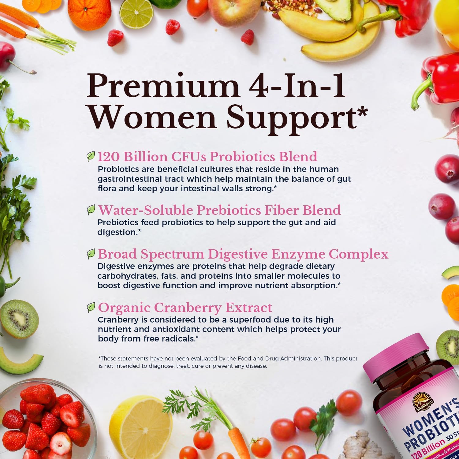 Vitalitown Probiotics for Women 120 Billion CFUs, 30 Strains, with Prebiotics & Digestive Enzymes & Cranberry, Gut & Vaginal Health, Vegan 30 (Pack of 1) Delayed Release Caps - Image 3