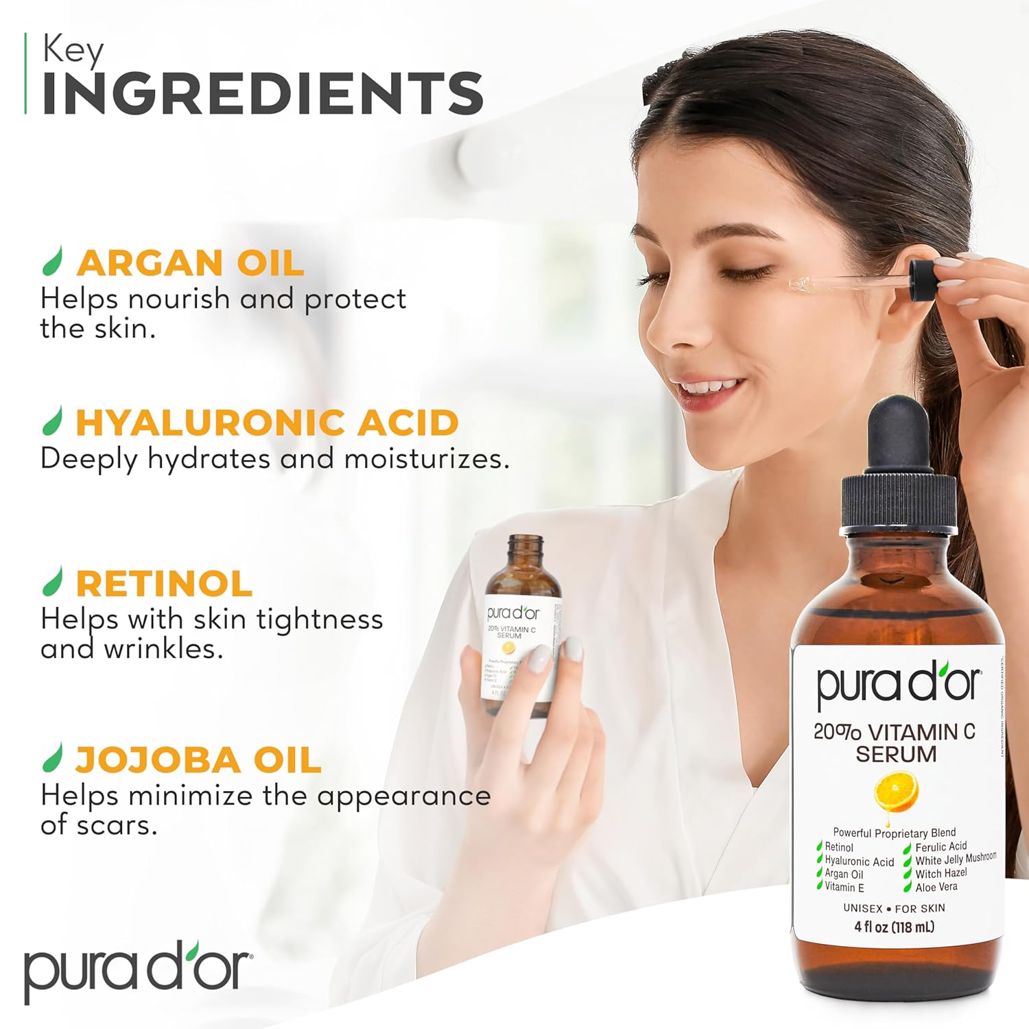 PURA D'OR 20% Vitamin C Facial Serum 4 Oz Antioxidant Blend w/Retinol, Hyaluronic Acid, Vitamin E, Ferulic Acid - Hydrating Lightweight Skincare Formula - Men Women Daily Use After Bath Oil Skin Care - Image 3