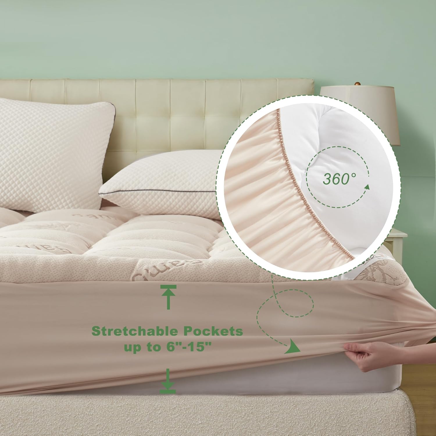 BEDLORE Full Size Mattress Topper Viscose Derived from Bamboo, Thick Pillow Top Mattress Pad with Stretchable Pockets for 6"-15" Mattress, Breathable Mattress Topper for Back Pain Relief(Beige) - Image 6