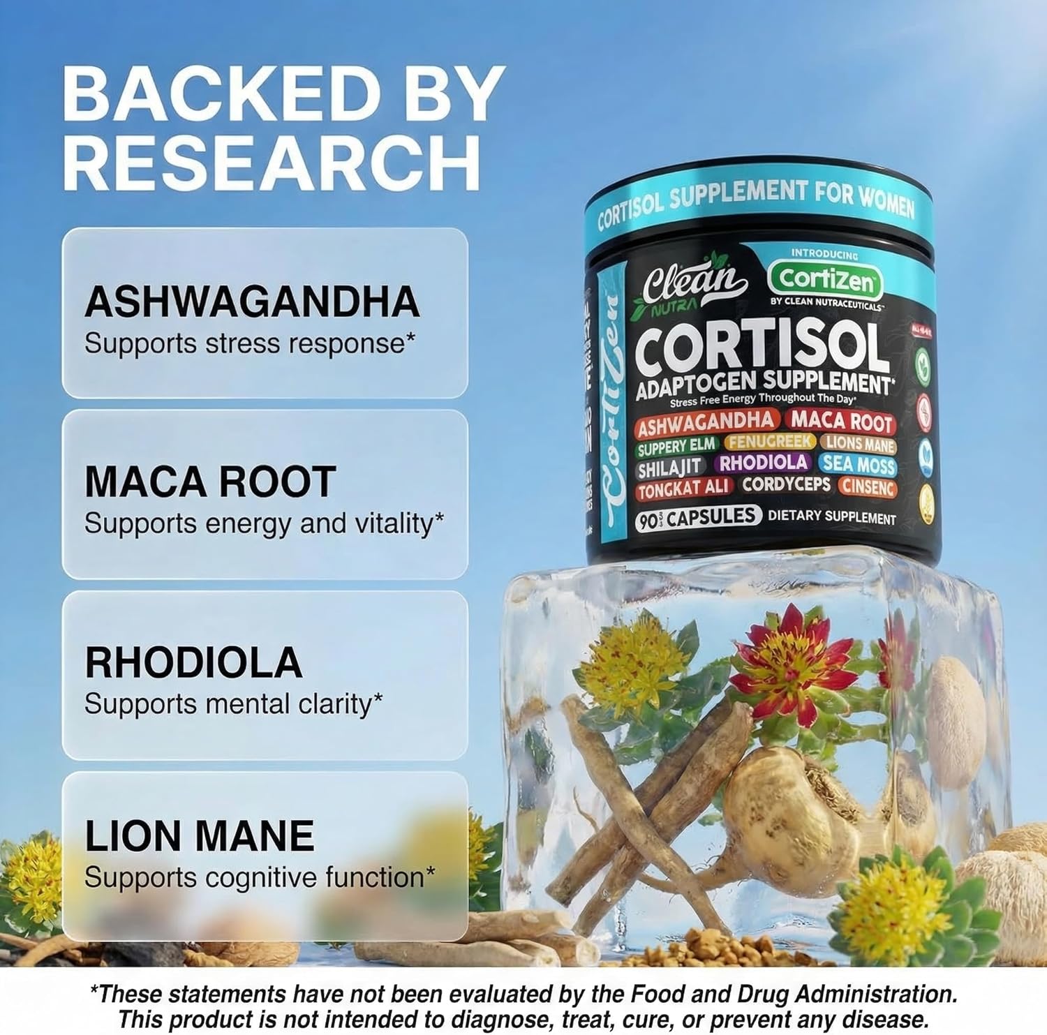 Clean Nutra Cortisol Supplements For Women | Maca Root Ashwagandha Cortisol Detox Manager Reducer + Slippery Elm Fenugreek Lions Mane Shilajit Rhodiola Sea Moss Tongkat Ali Cordyceps Ginseng Beet Root - Image 3